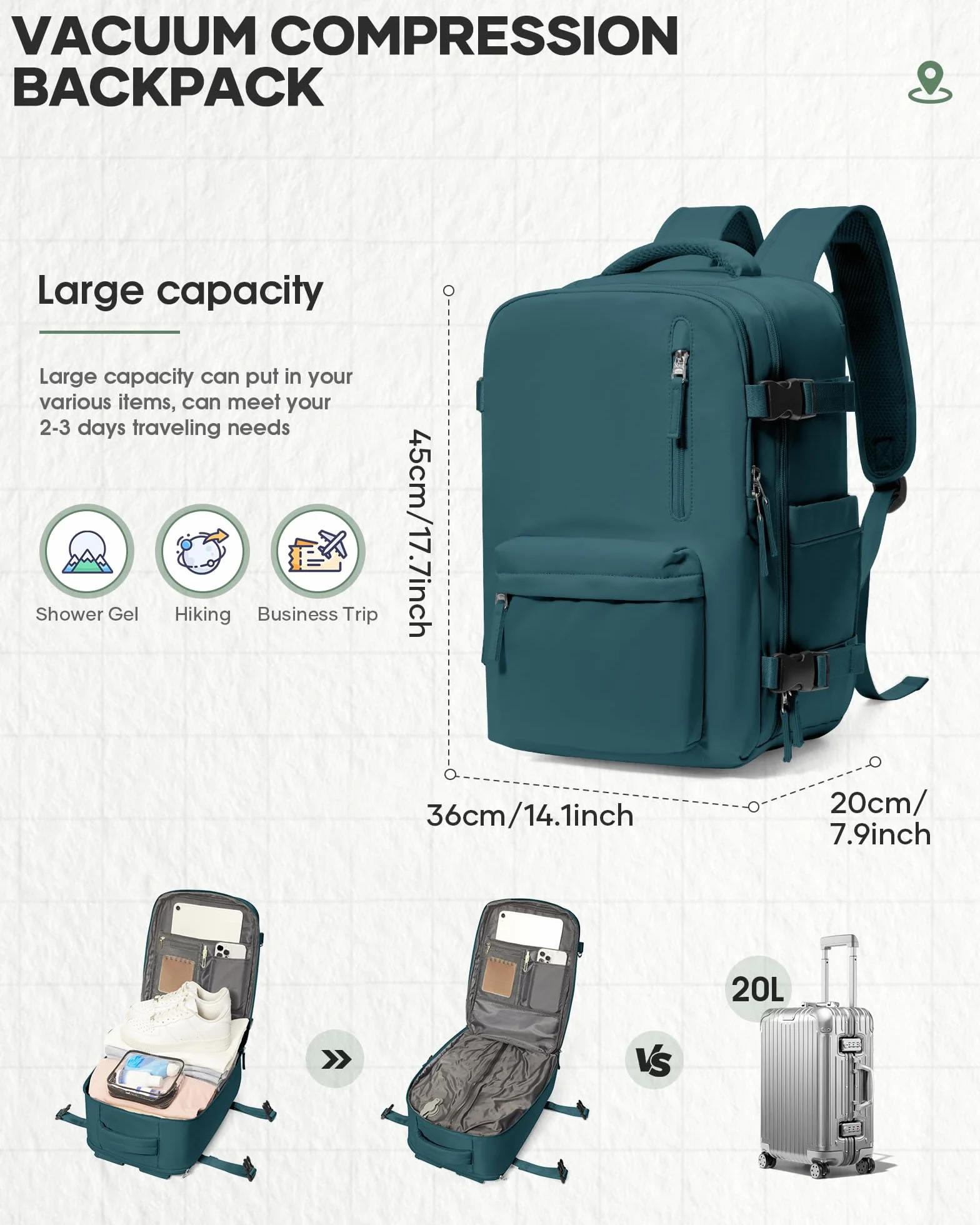 WEFLIER Sac à Dos de Compression Voyage 45×36×20 sous vide Imperméable Bleu