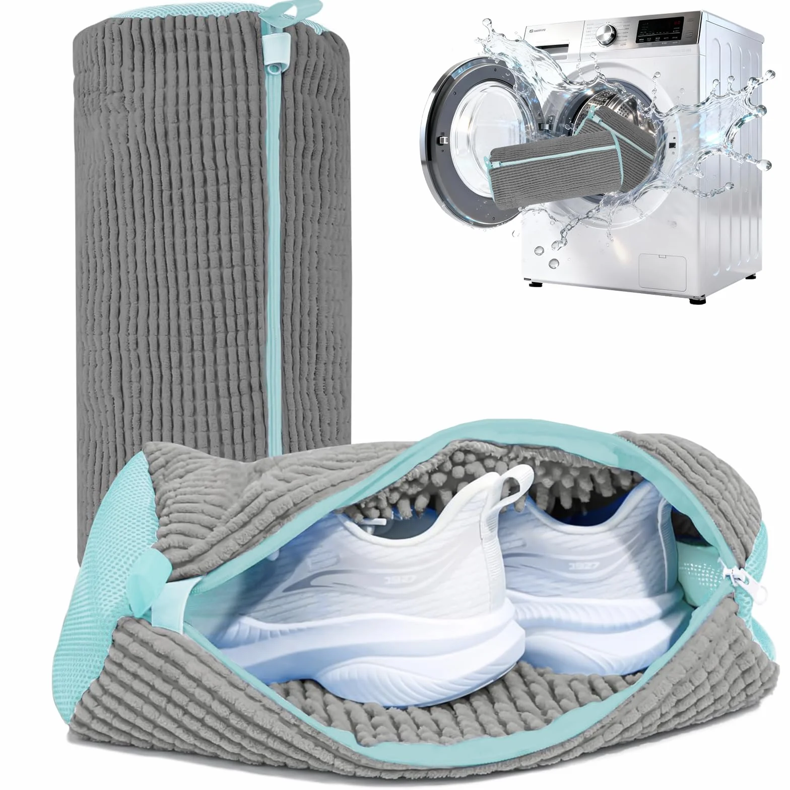 Sac de Lavage Chaussures Machine 2 Pièces Gris Fermeture Éclair Antirouille 10 000 Microfibres Protection 360° Lavage Séchage Baskets Tennis Toile