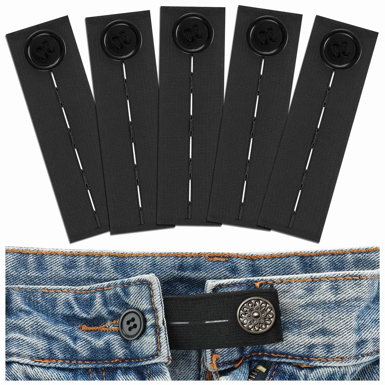 Rallonge de Ceinture Élastique Réglable 5 Pièces, Extendeur à Boutons pour Jeans Pantalons