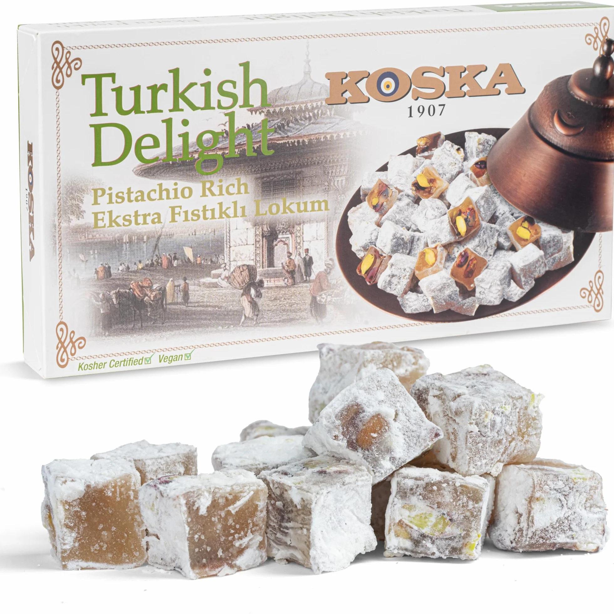 Koska Loukoums à la Pistache extra 500g Délice turc Format cadeau Confiserie traditionnelle Vegan Halal Casher Lokum Sans Gluten