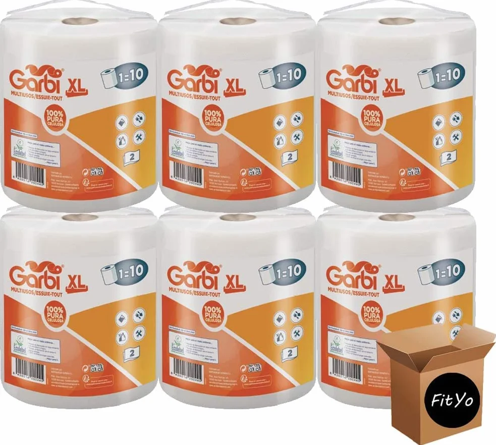 FitYo - Pack de 6 Rouleaux d'Essuie Tout - Format XL - 280 Feuilles Prédécoupées - Rouleau de 70 Mètres - Usage Domestique ou Industriel - Papier Absorbant et d'Essuyage
