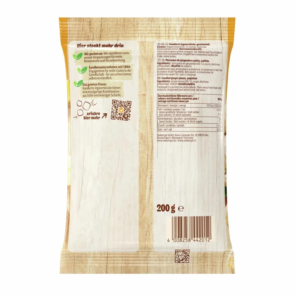 Seeberger Morceaux de gingembre confits : Cubes de gingembre piquant jaune doré confit et sucré - pour grignoter, décorer ou comme ingrédient - vegan (1 x 200 g)