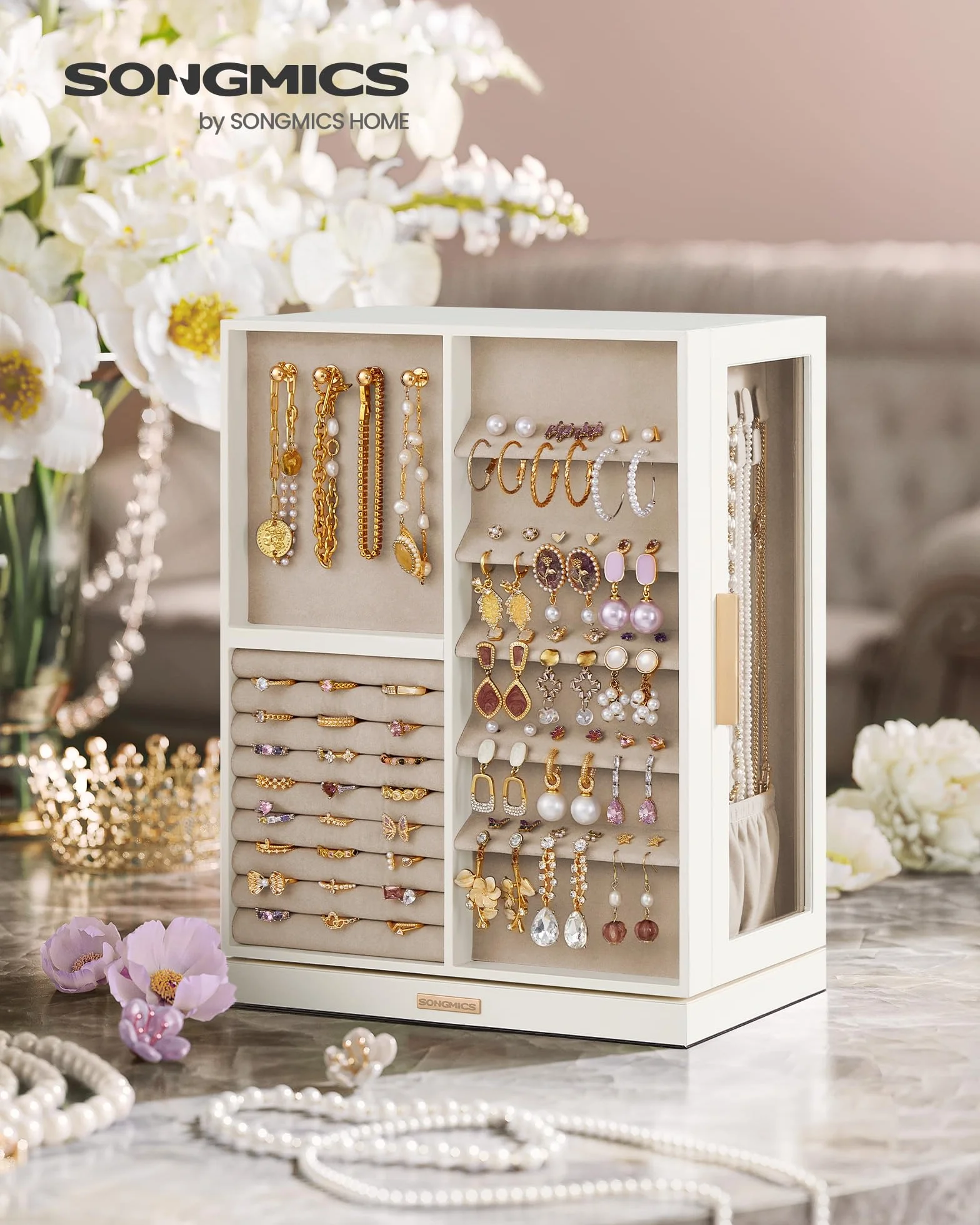SONGMICS GISELLA Boîte à Bijoux Rotative 360° Coffret 7 Tiroirs Fenêtres en Verre Latérales Grand Rangement Blanc Nuage JBC201W01