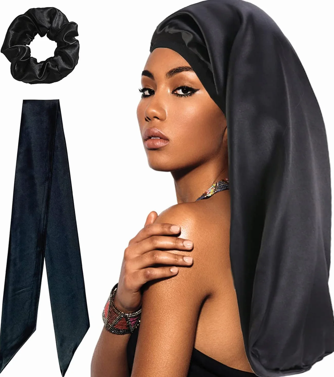 Long Bonnet en Satin pour Dormir avec Bandeau élastique en Soie