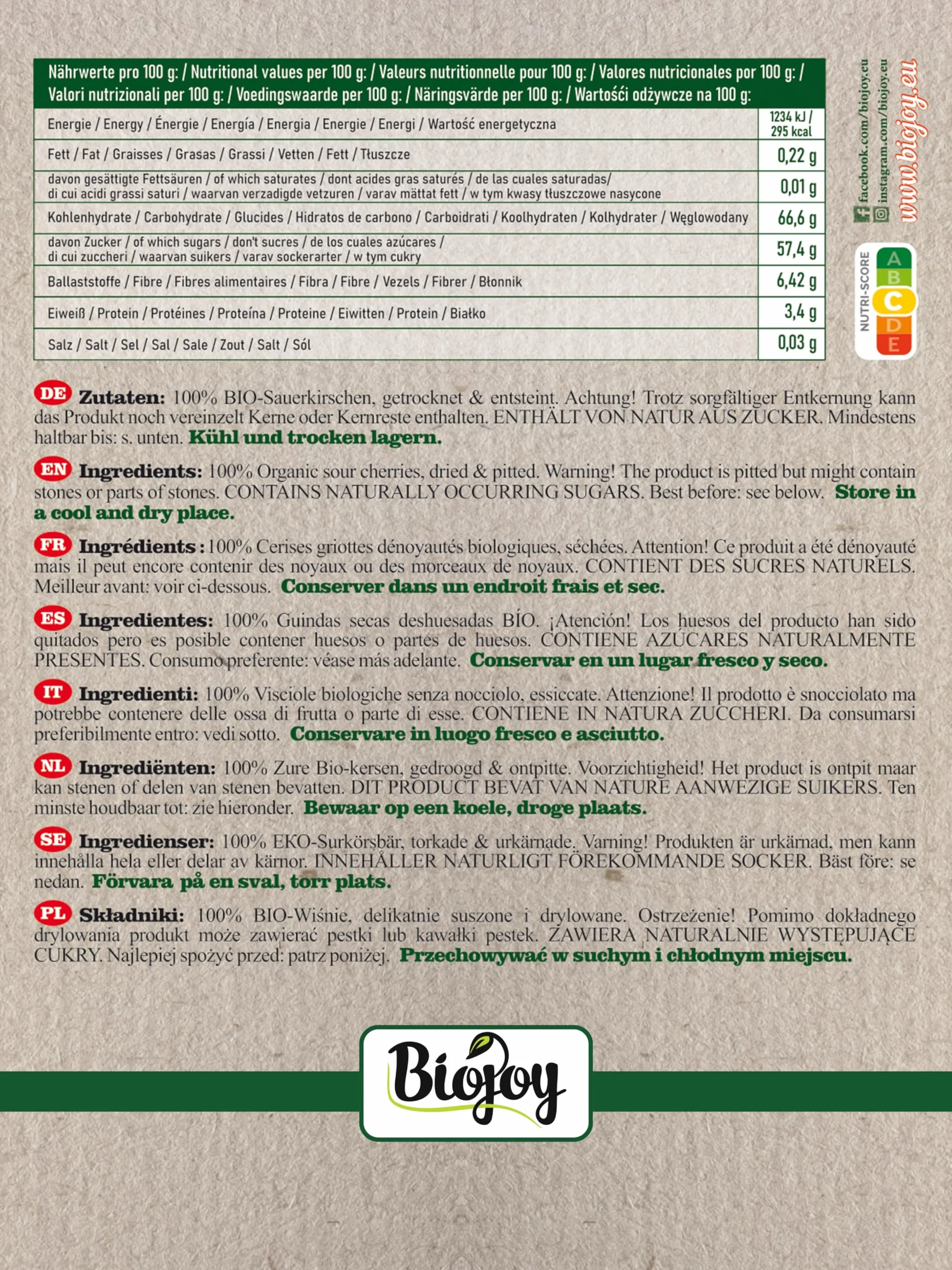 Biojoy BIO Griottes séchées, dénoyautées, non sulfurées, 1 kg | Entières, sans sucre ajouté, origine Turquie