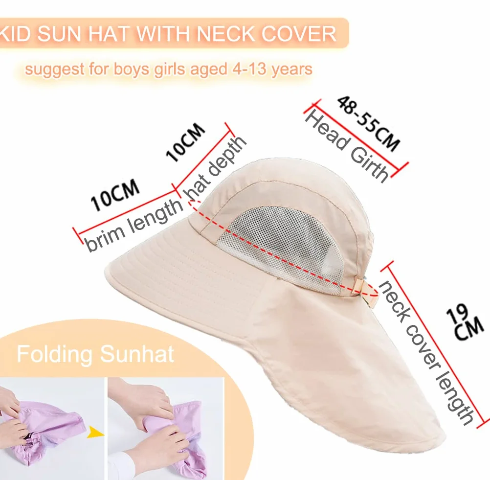 Chapeau de Soleil Anti-UV UPF50+ pour Enfants 5-13 Ans Large Bord Respirant Séchage Rapide Plage Cyclisme