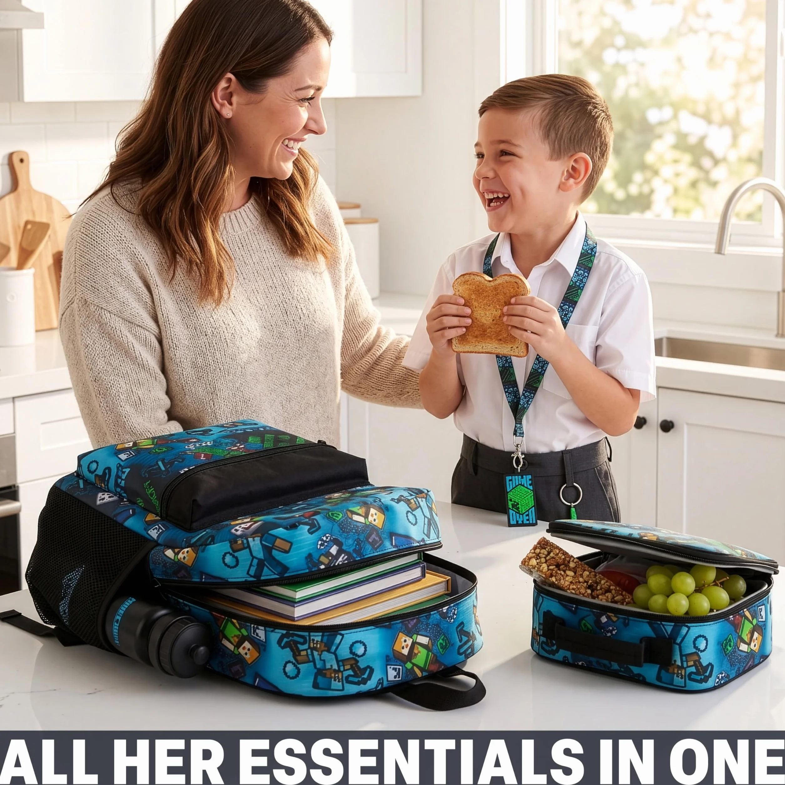 Minecraft Sac à Dos Garçon Set 5 Pièces avec Sac Isotherme Repas Trousse Scolaire Gourde sans BPA