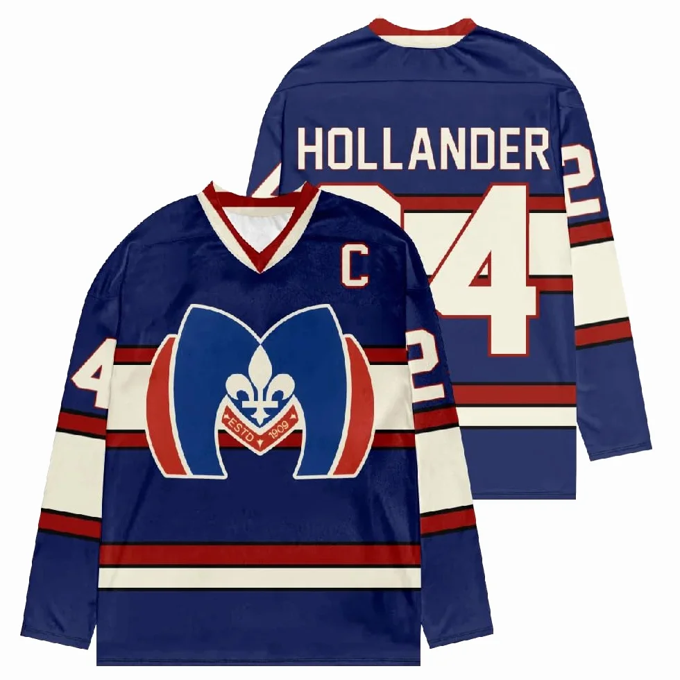 Shane Hollander 24 Hockey Jersey – Pull unisexe bleu marine col en V manches longues