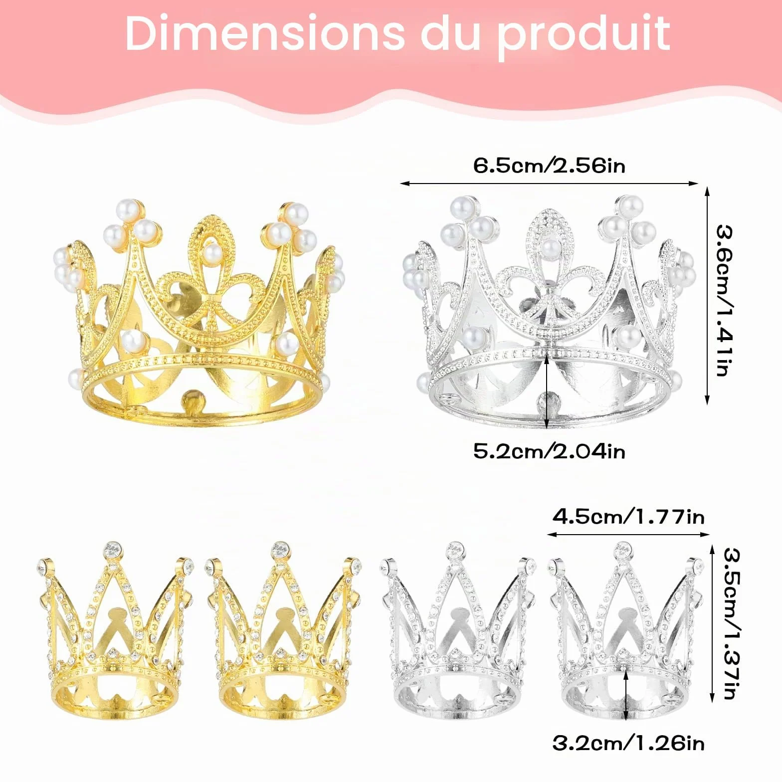 6 PCS Mini Couronne Gâteau Toppers Or Argent Couronne Cupcake Toppers Petite Couronne Diadème Gâteau Toppers pour Anniversaire Mariée Mariage Royauté Thème Décoration de Fête Fournitures