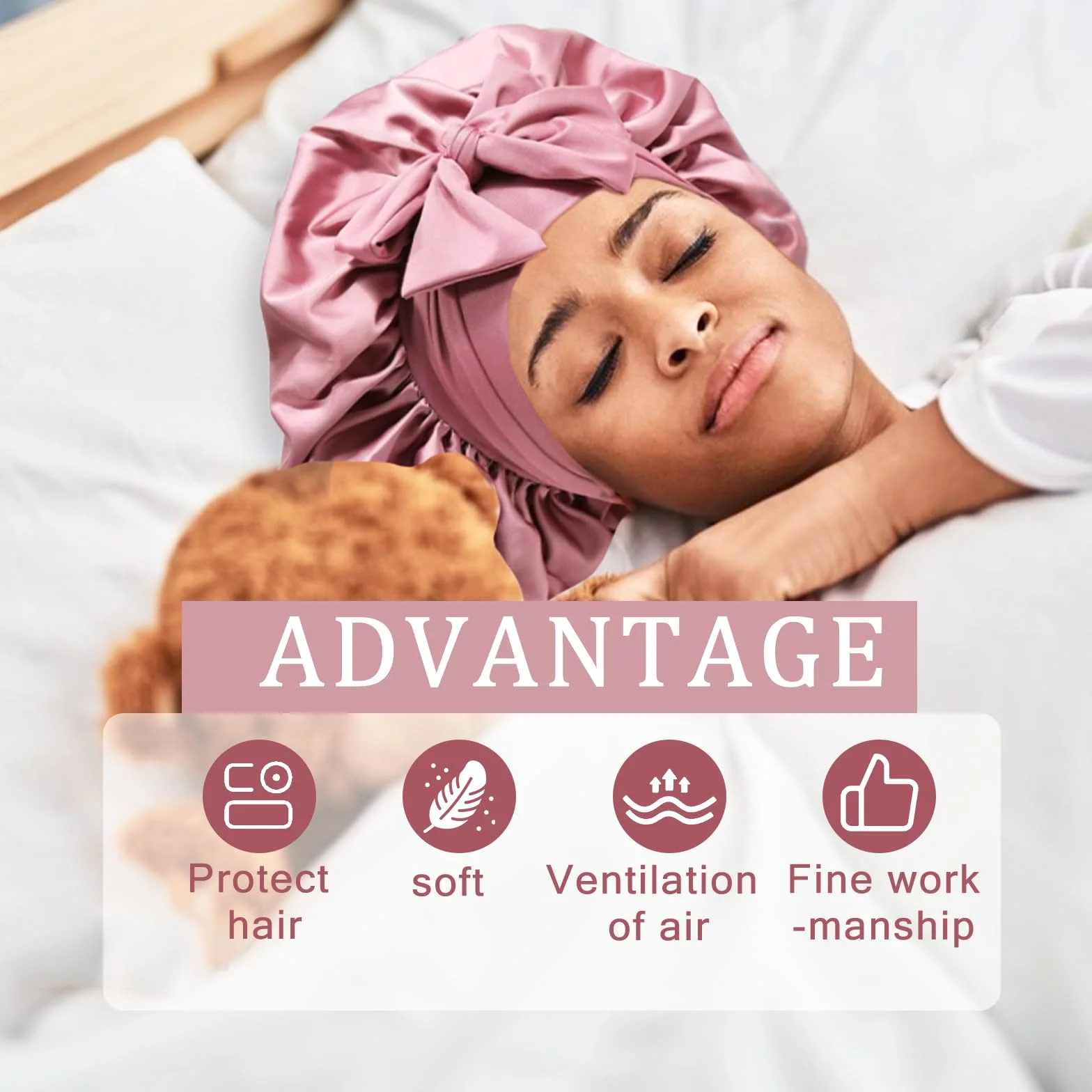 Bonnet en soie pour dormir avec chouchou - Bonnet de sommeil en satin de soie pour femme Rose M