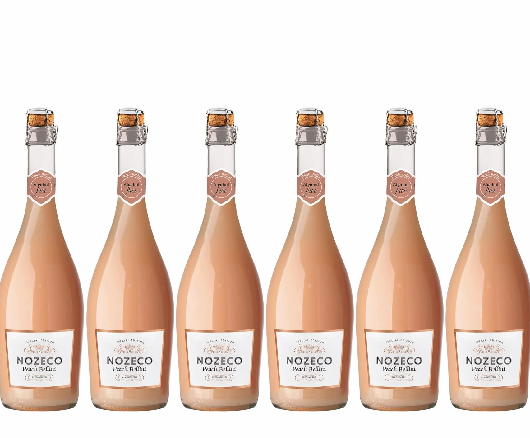 Nozeco Peach Bellini - Cocktail Sans Alcool prêt à boire à base de vin désalcoolisé aux arômes naturels de pêche - Vegan (6 x 0.75 l), 4500.0 millilitre, 4.5 liters