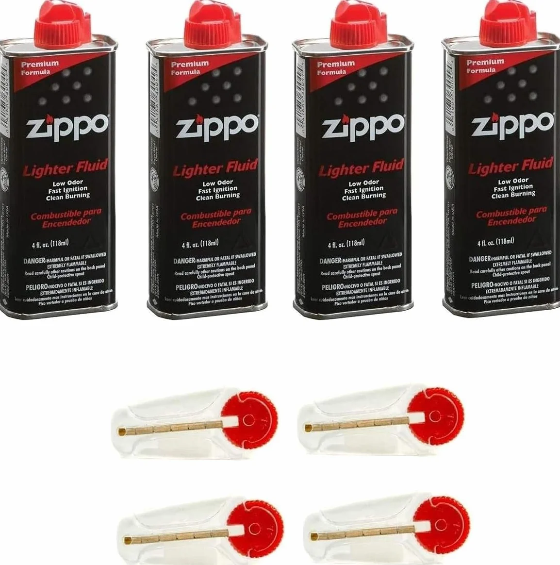 Zippo Lot de 4 recharges d'essence Original Zippo + 4 pierres à briquet