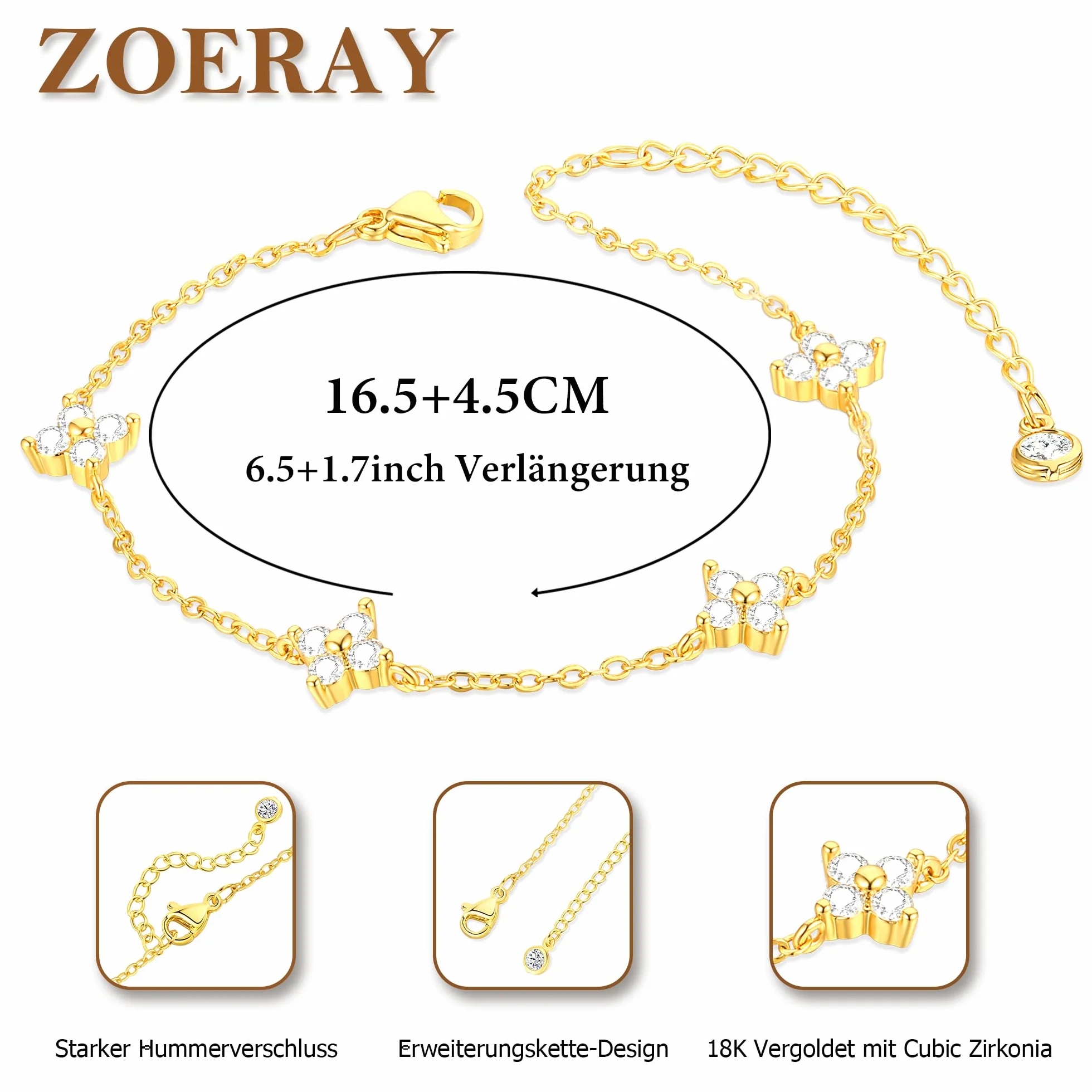 Bracelet Femme Argent 925 Plaqué Or 18K Zircon Cubique Trèfle 4 Feuilles Réglable
