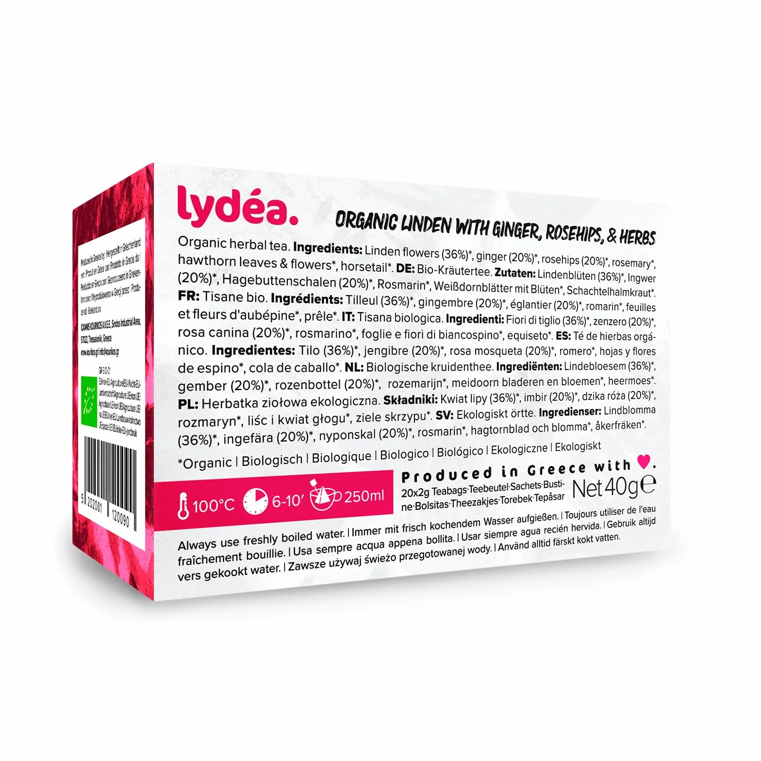 Lydea Tisane bio, tilleul avec gingembre, cynorrhodon et herbes, 60 pyramides, lot de 3 [3 x 20 pyramides]