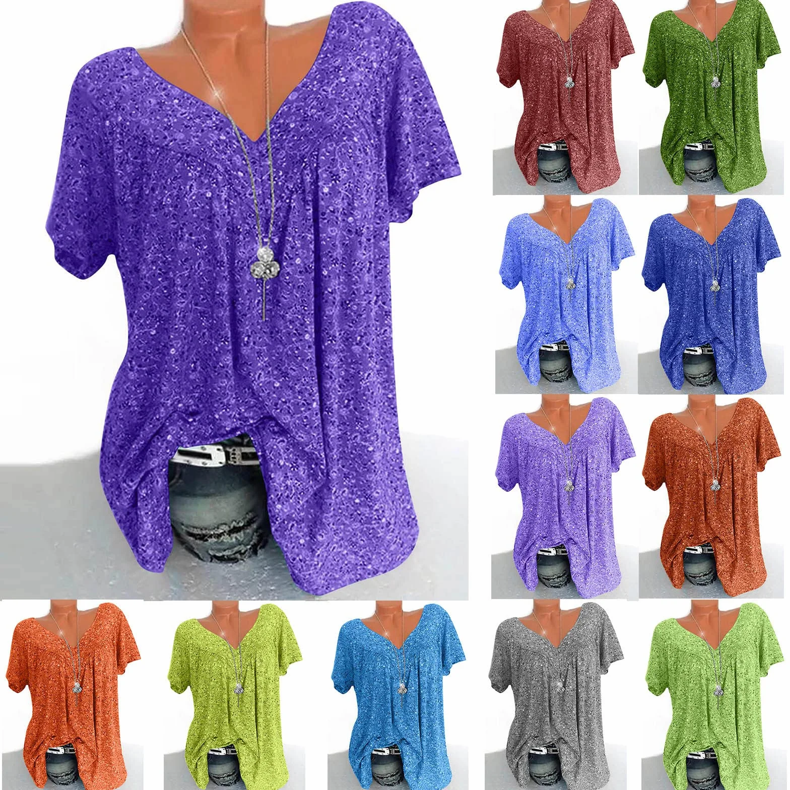 Chemisier élégant pour femme Col en V Imprimé floral Manches courtes Tunique longue Grandes tailles