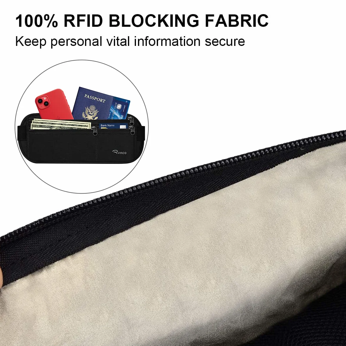 RYACO Ceinture d'argent Voyages Pochette sécurité cachée Cartes passeports RFID Noir