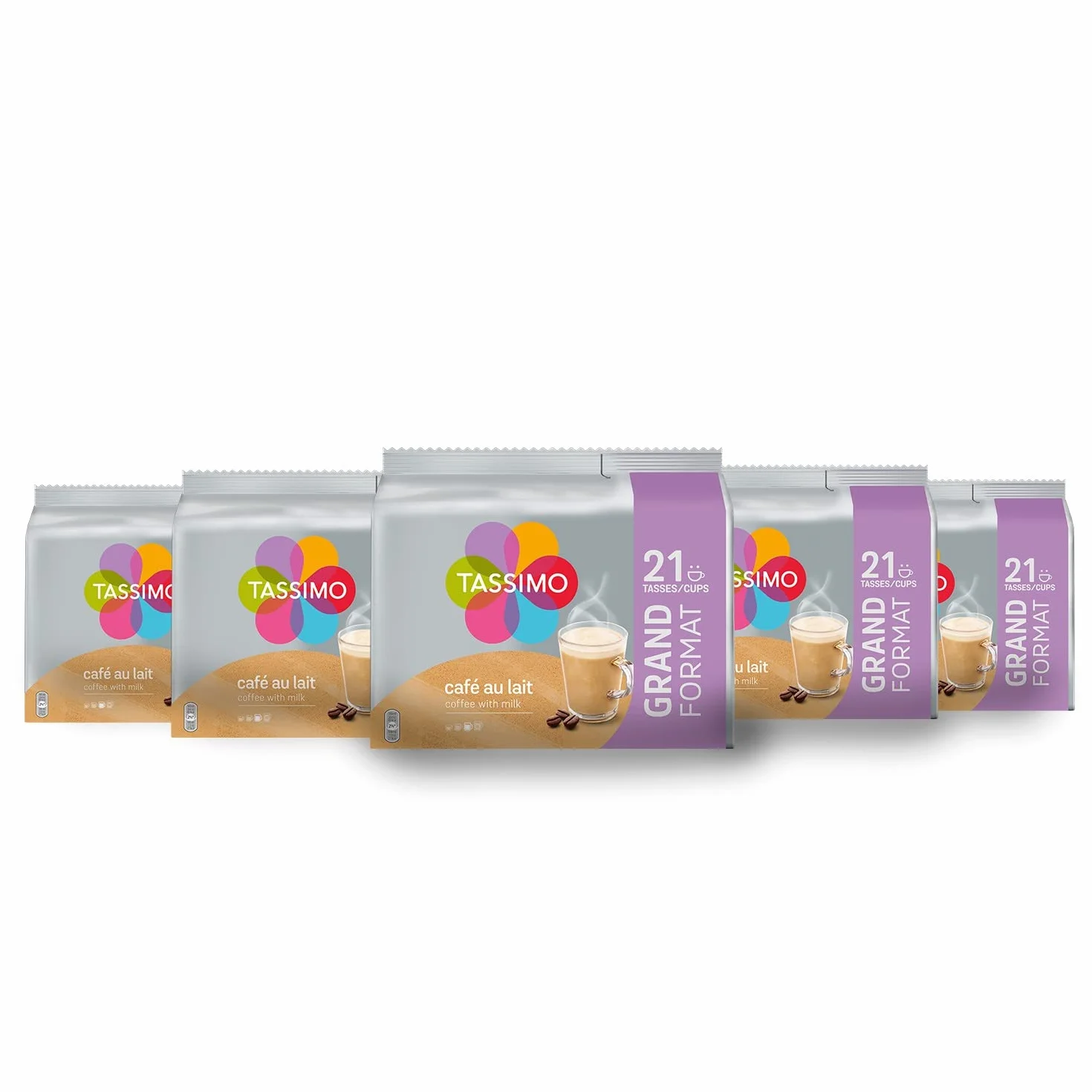 Tassimo, 105 Dosettes Café au Lait, Compatibles avec les machines TASSIMO, 105 Cafés Equilibré et onctueux, 5 packs de 21 dosettes (L'emballage peut varier)