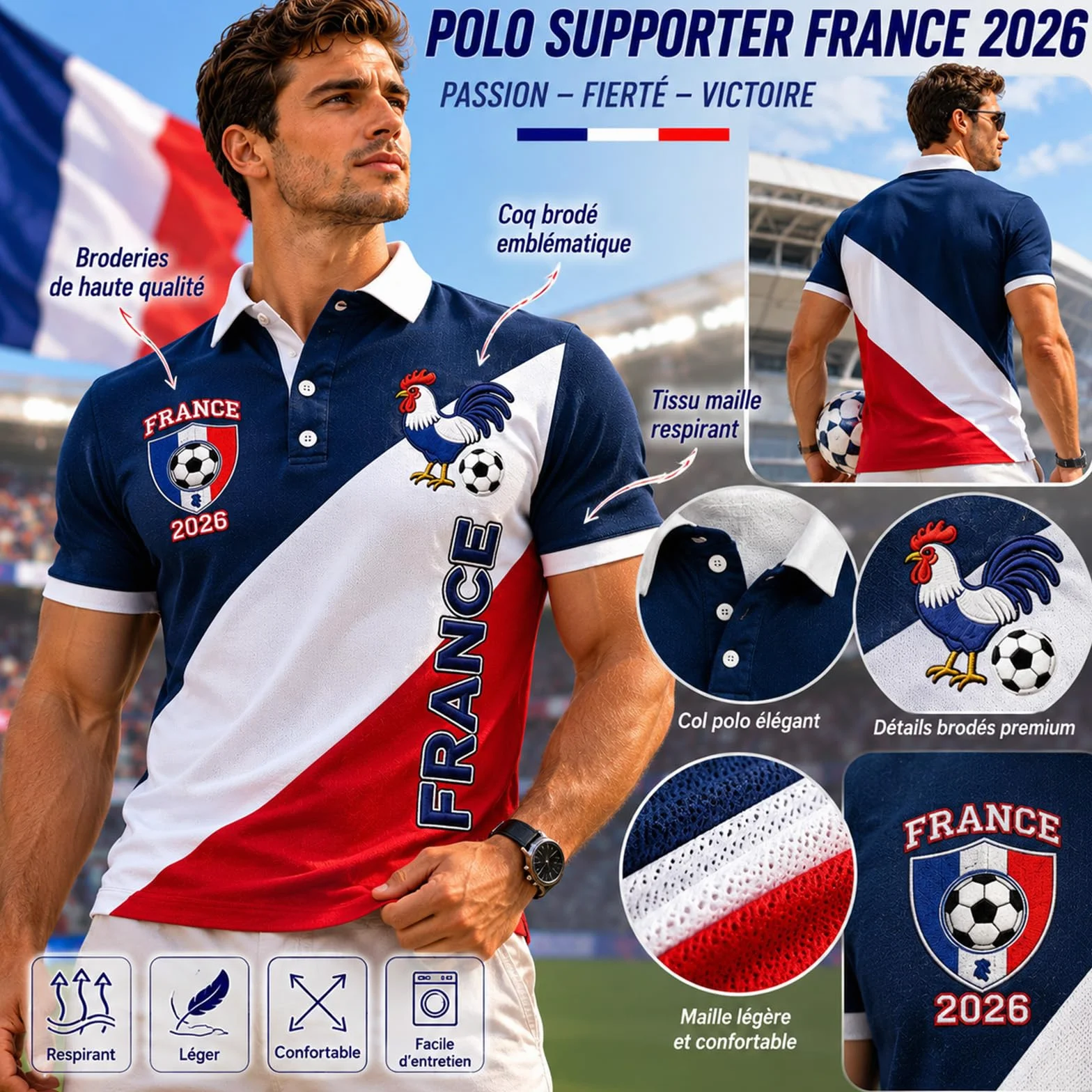 Coupe du Monde 2026 Maillot de Supporter de Football Équipe de France Haut Classique