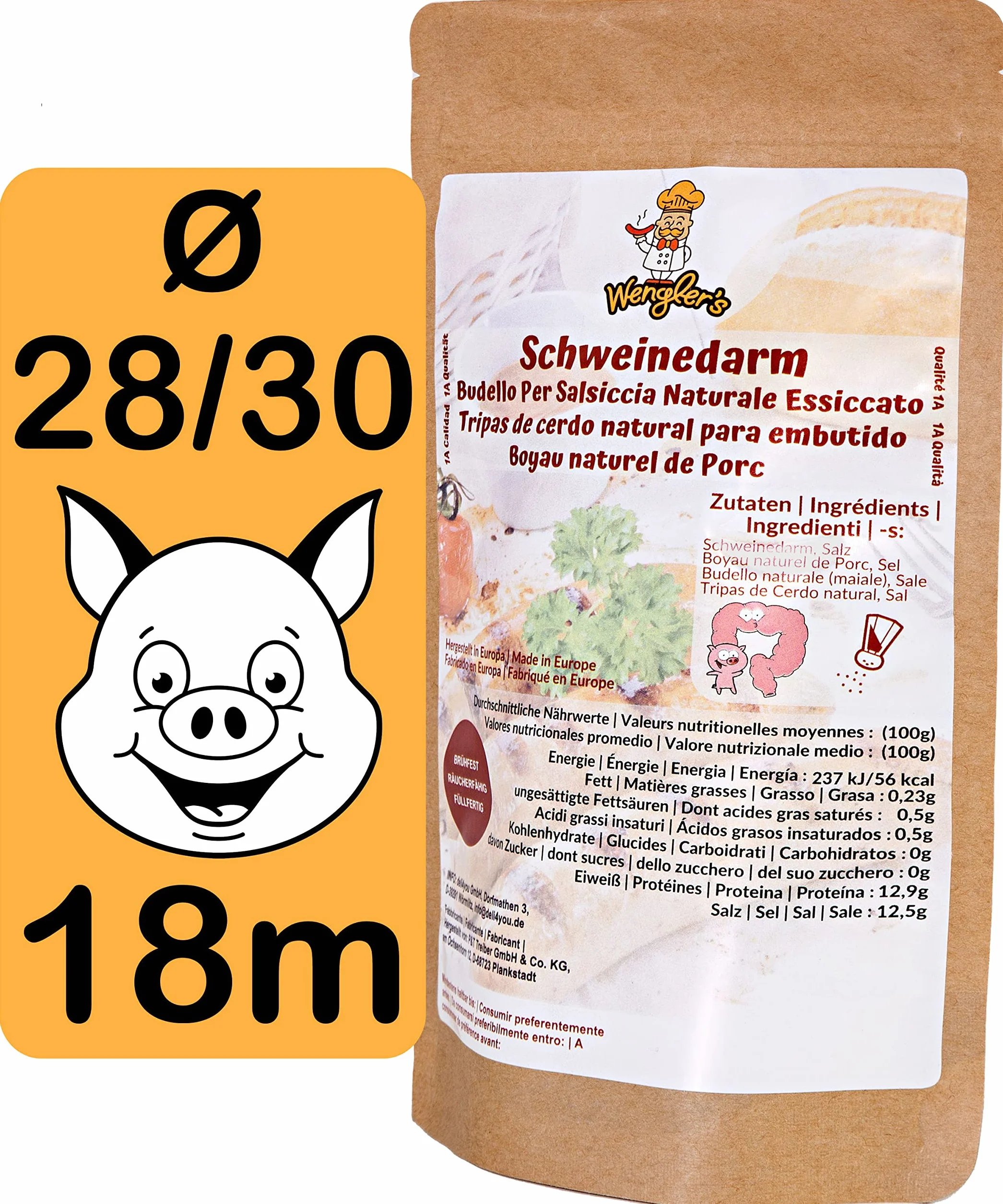 Boyau de Porc Naturel 28/30 - Comparable à celui des charcuteries - Résistant à la cuisson - Convient pour le fumage et le barbecue (28/30 18m)