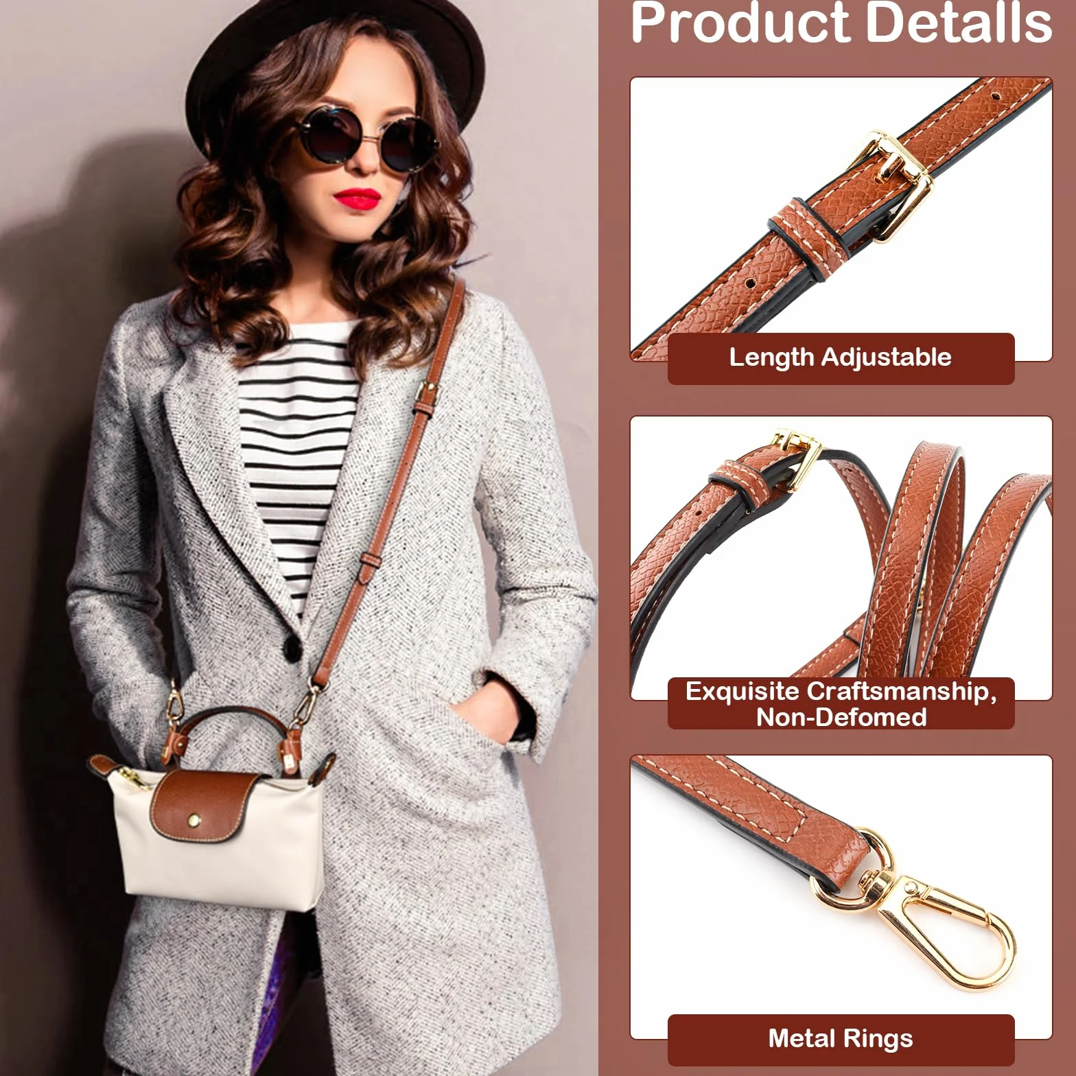 Bandoulière Réglable pour Sac Longchamp Mini, Marron, Sangle à Boucle Sans Perforation avec 2 Adaptateurs