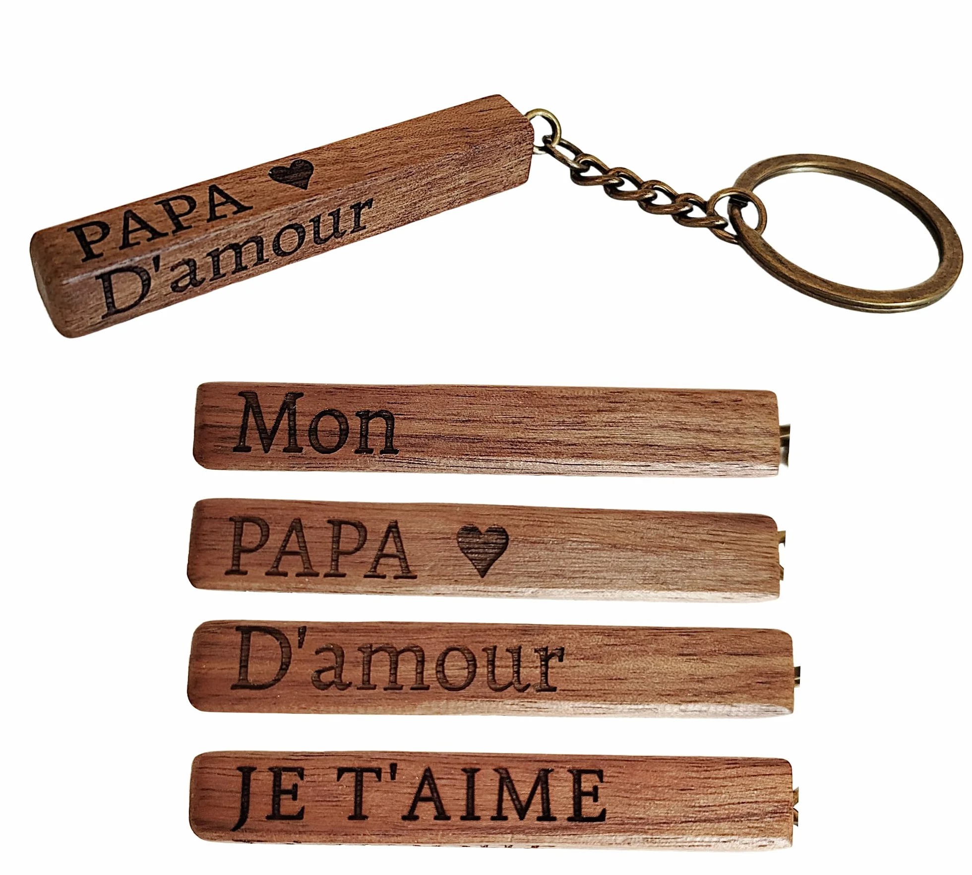 Porte-Clés Papa Bois de Noyer Laiton Gravé 4 Faces Cadeau Fête des Pères