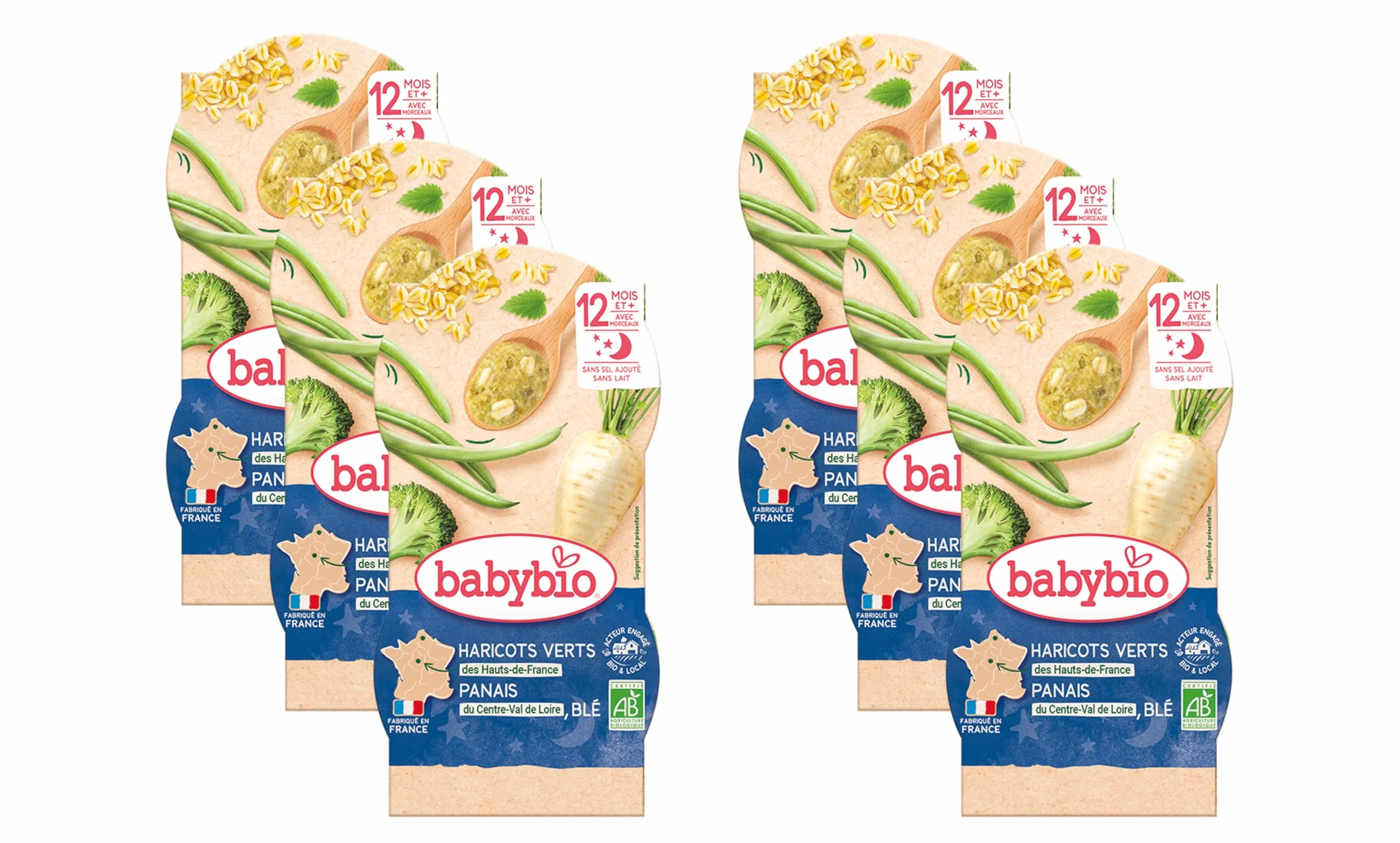 BABYBIO - Bols - Bonne Nuit Panais Haricots verts Blé - 12+ mois - BIO - 2x200g - Lot de 6