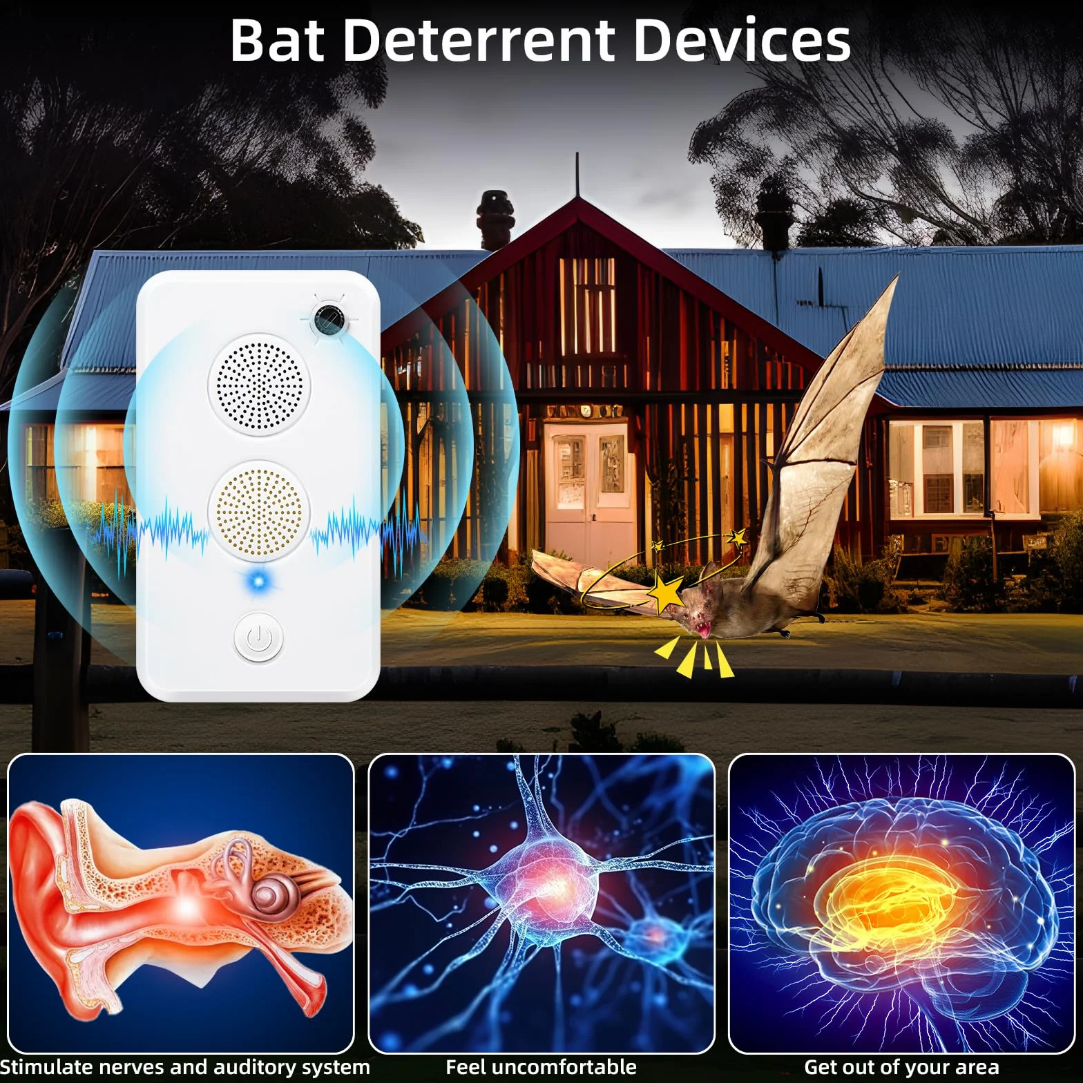 Lot de 2 répulsifs à ultrasons pour chauves-souris à ultrasons pour grenier - Pour se débarrasser des chauves-souris - Rechargeable - Utilisation intérieure et extérieure - Respectueux des humains et