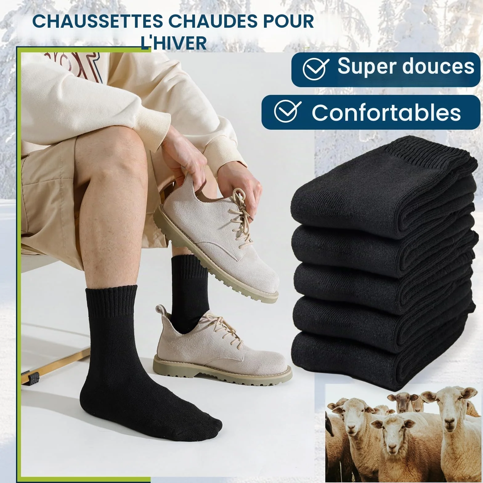 Josnown Chaussettes Chaudes Homme Hiver Thermiques Laine Semelles Épaisses Tissu Éponge Randonnée 5 Paires Taille 39-45