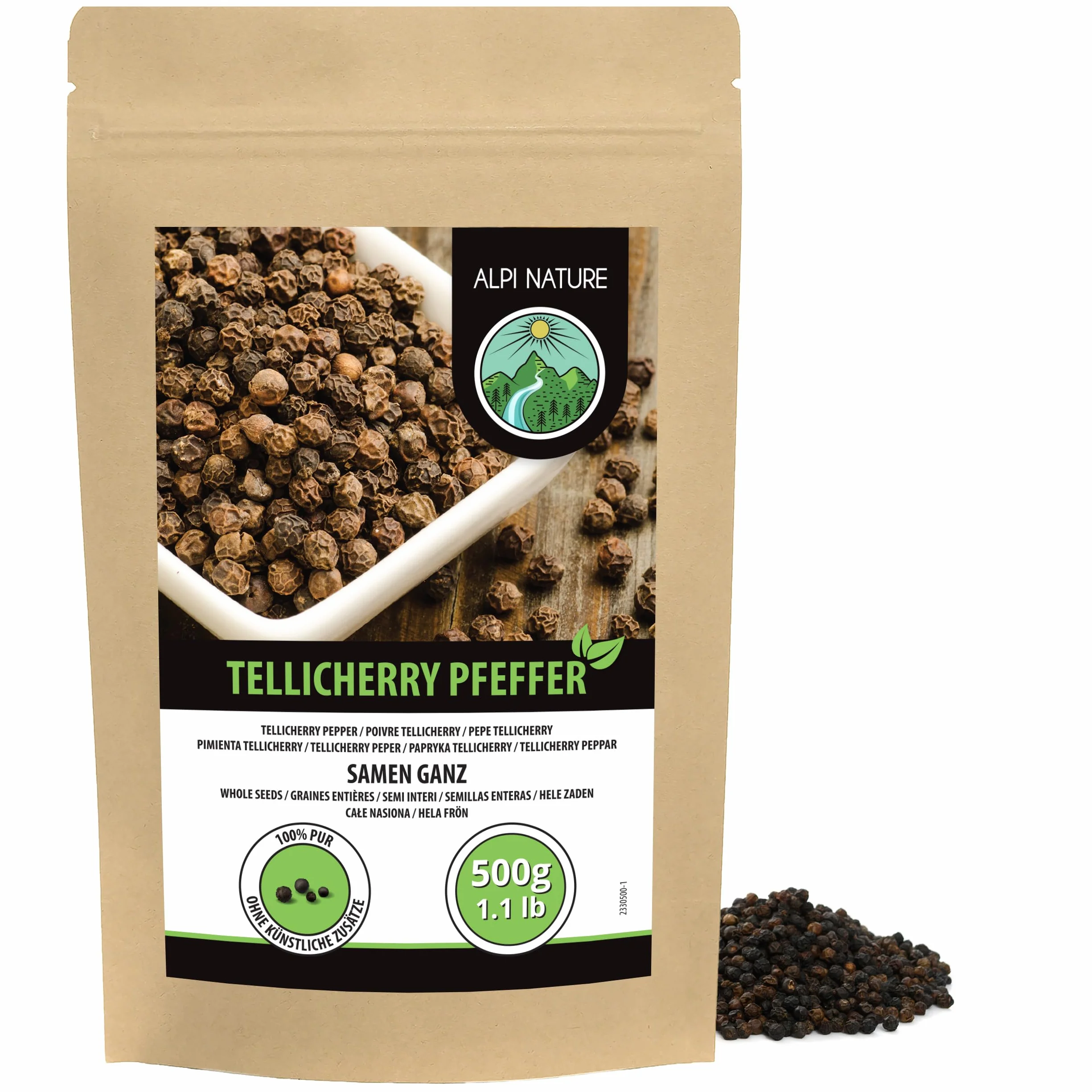 Alpi Nature Poivre en Grain Noir de Tellicherry 500g, Poivre Noir en Grain Entier Tellicherry