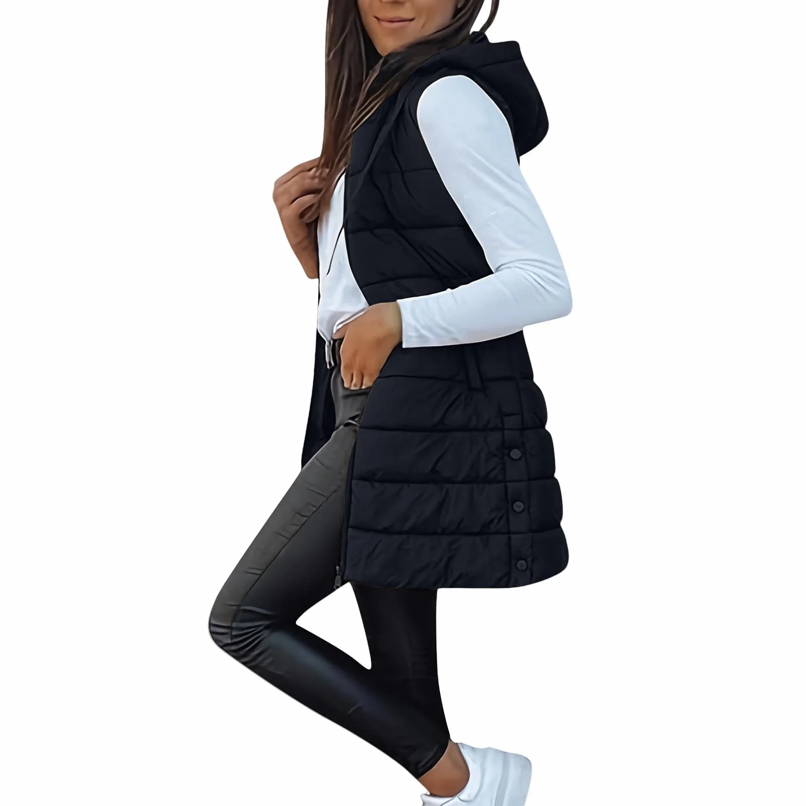 Femme Doudoune Sans Manches Avec Capuche Longue Gilet Chaud Légère Veste Hiver Poches