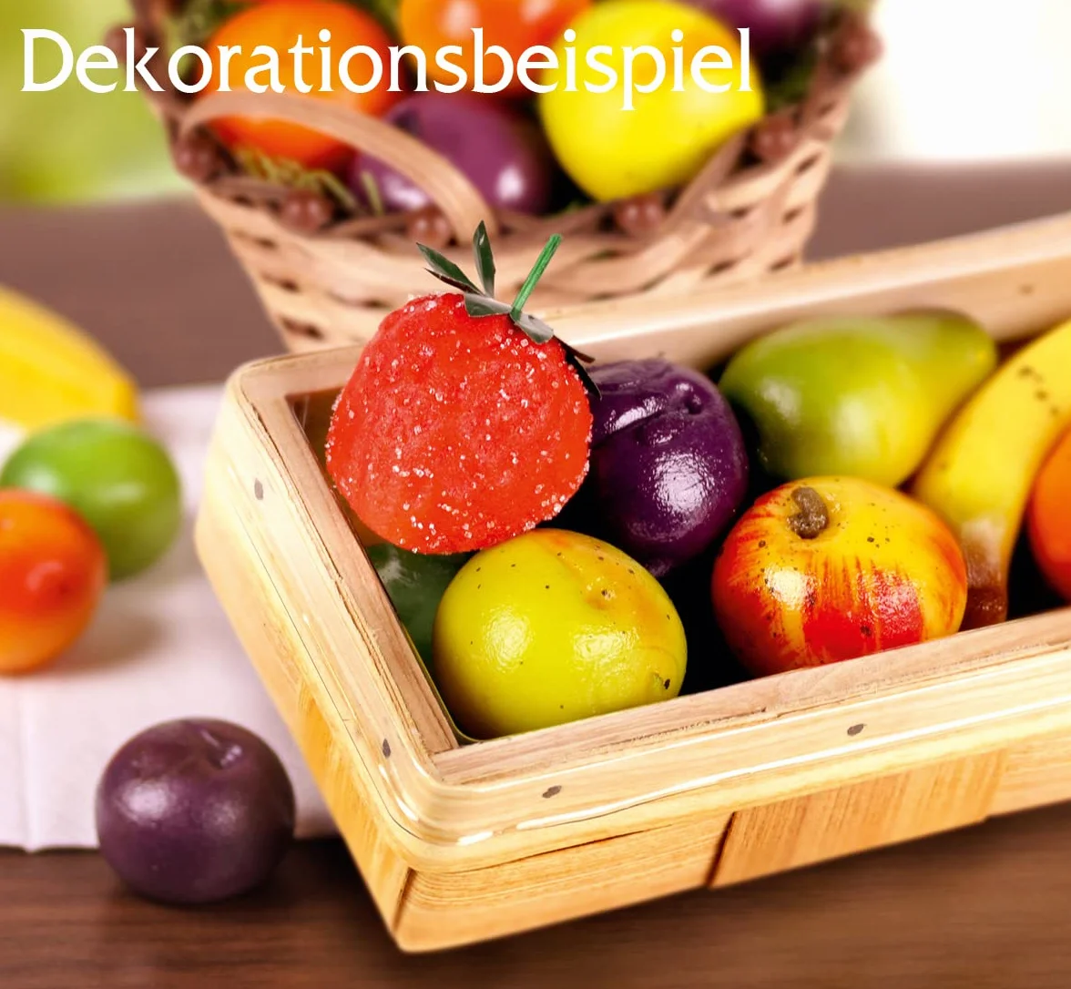 Panier de fruits en pâte d'amande Odenwald dans une boîte en bois 225 g Contient 15 g de fruits Bananes, fraises, poires, oranges, mirabelles, pommes, prunes