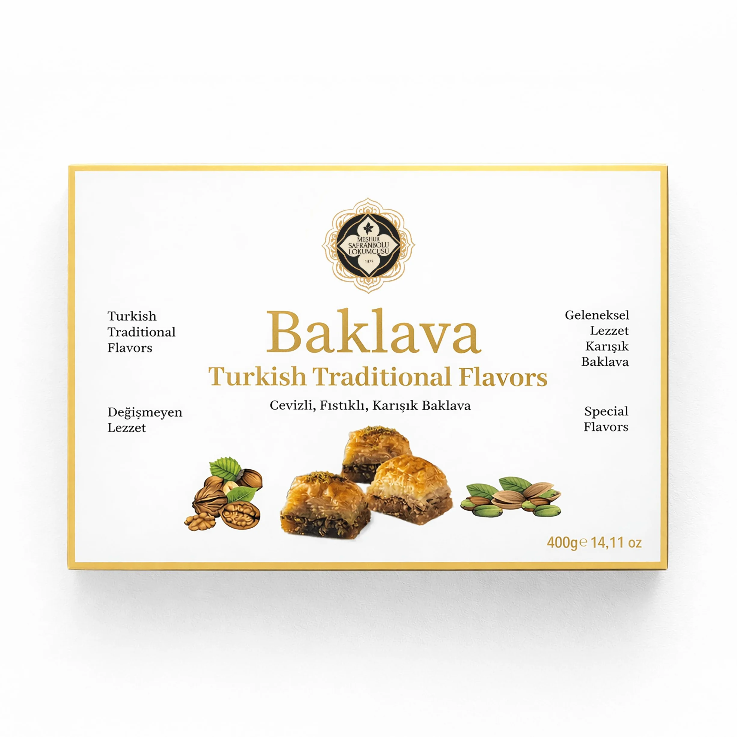 Meşhur Safranbolu Lokumcusu Baklava Turc Assorti 400 g (14,11 oz) – Mélange Noix & Pistache, Coffret Dessert Gourmet Halal