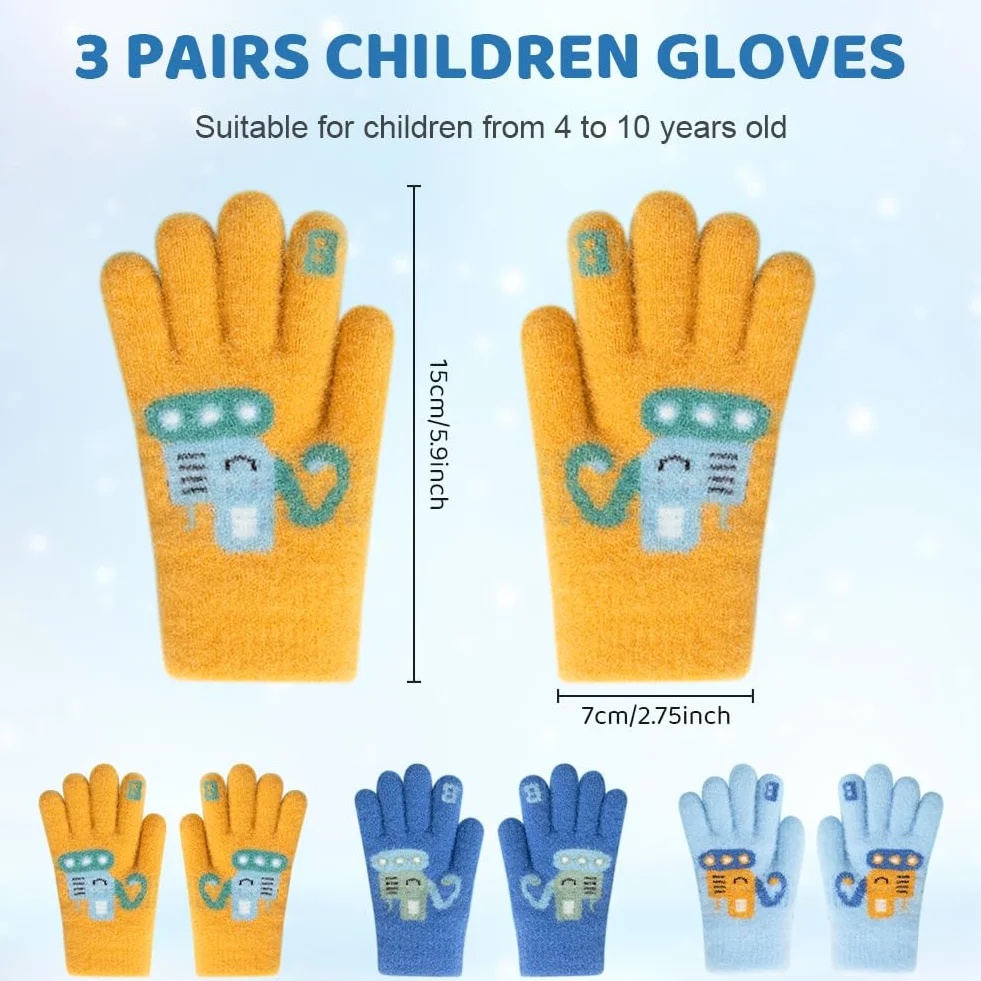 Gants Hiver Enfant 3 Paires Mitaines Tricot Extensibles Colorés Chauds 4-10 Ans Garçons
