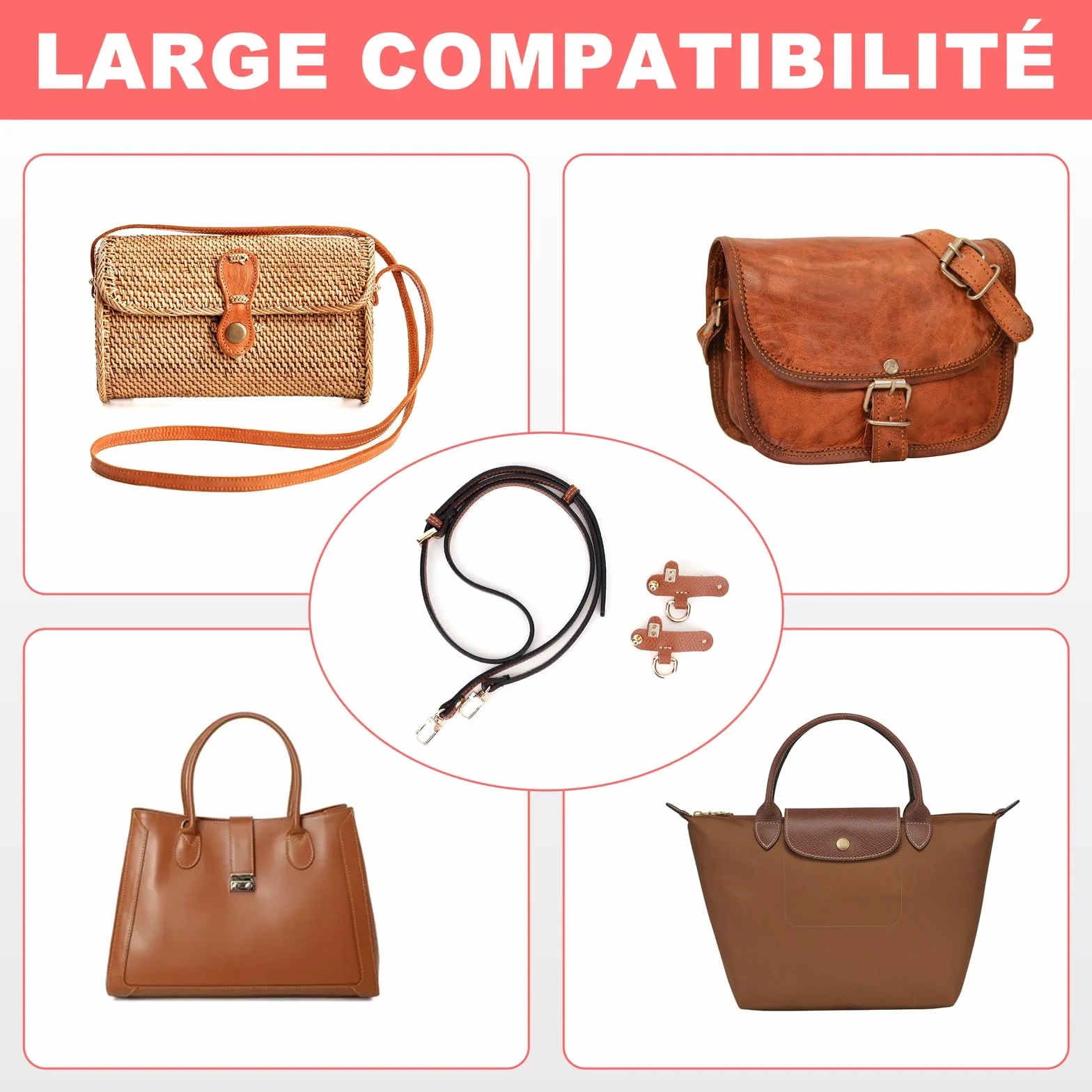 Bandoulière pour Sac Longchamp Mini réglable sans Boucle Marron Universel