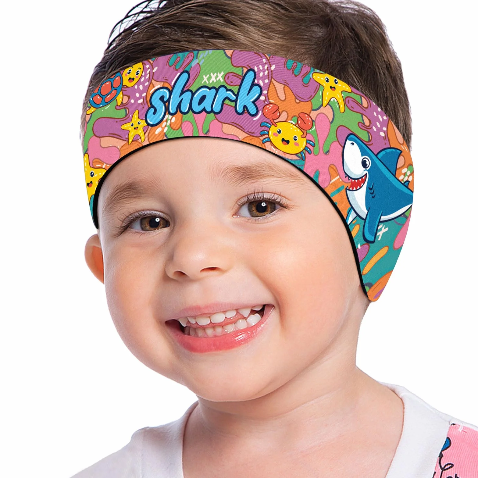 MoKo Protection Auditive Enfant Néoprène, Bandeau Sport Élastique Âge 3-9, Requin Graffiti