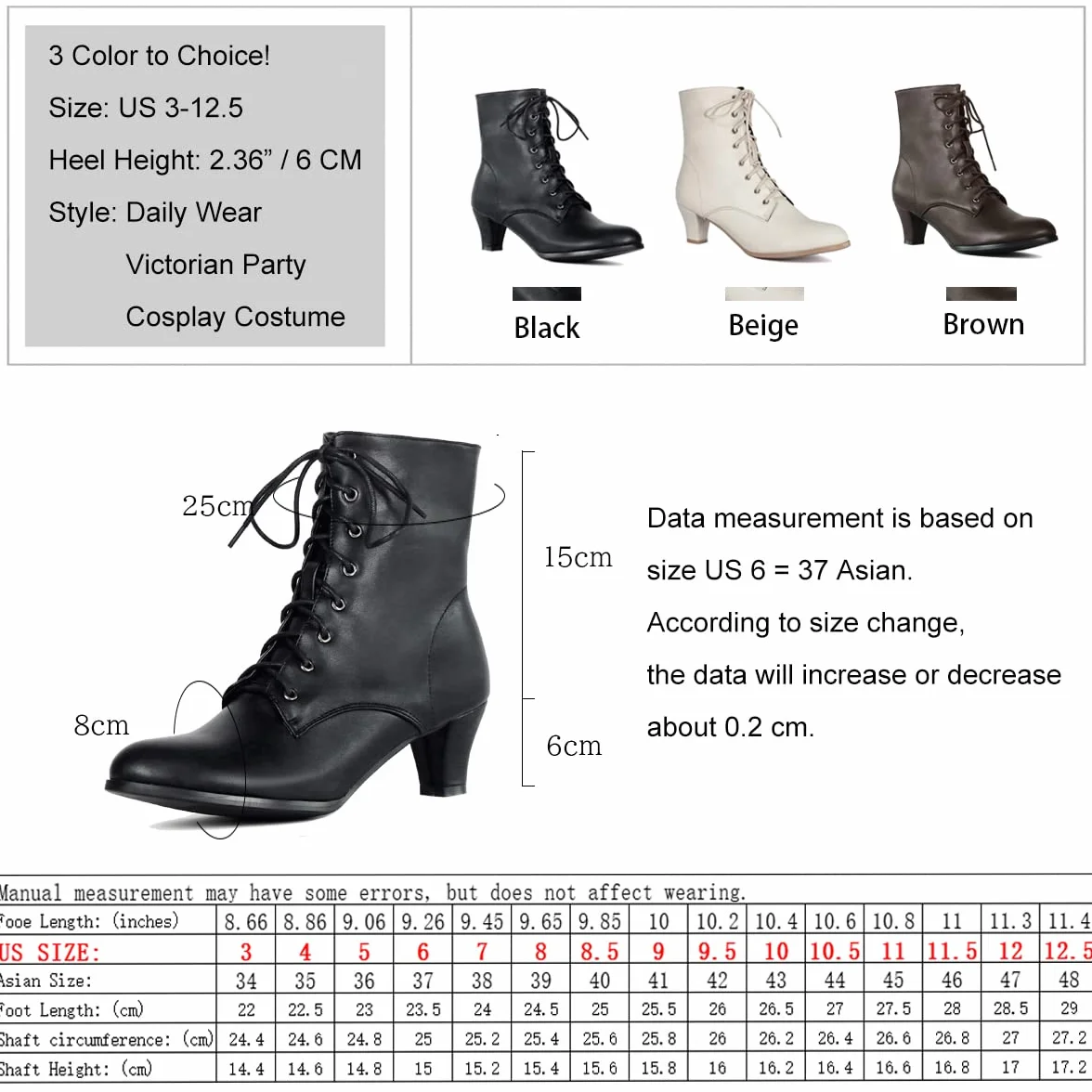 Cozivwaiy Bottes Victoriennes pour Femmes Lacets 70s Bottines Talon Moyen Cheville Steampunk Gothique