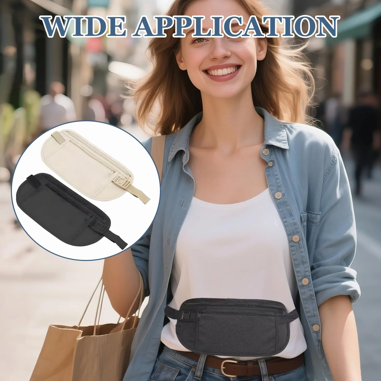 Ceinture Cache Billets Utralégère avec Blocage RFID, Sac Banane Plat Dissimulée Réglable pour Homme Femme Voyage