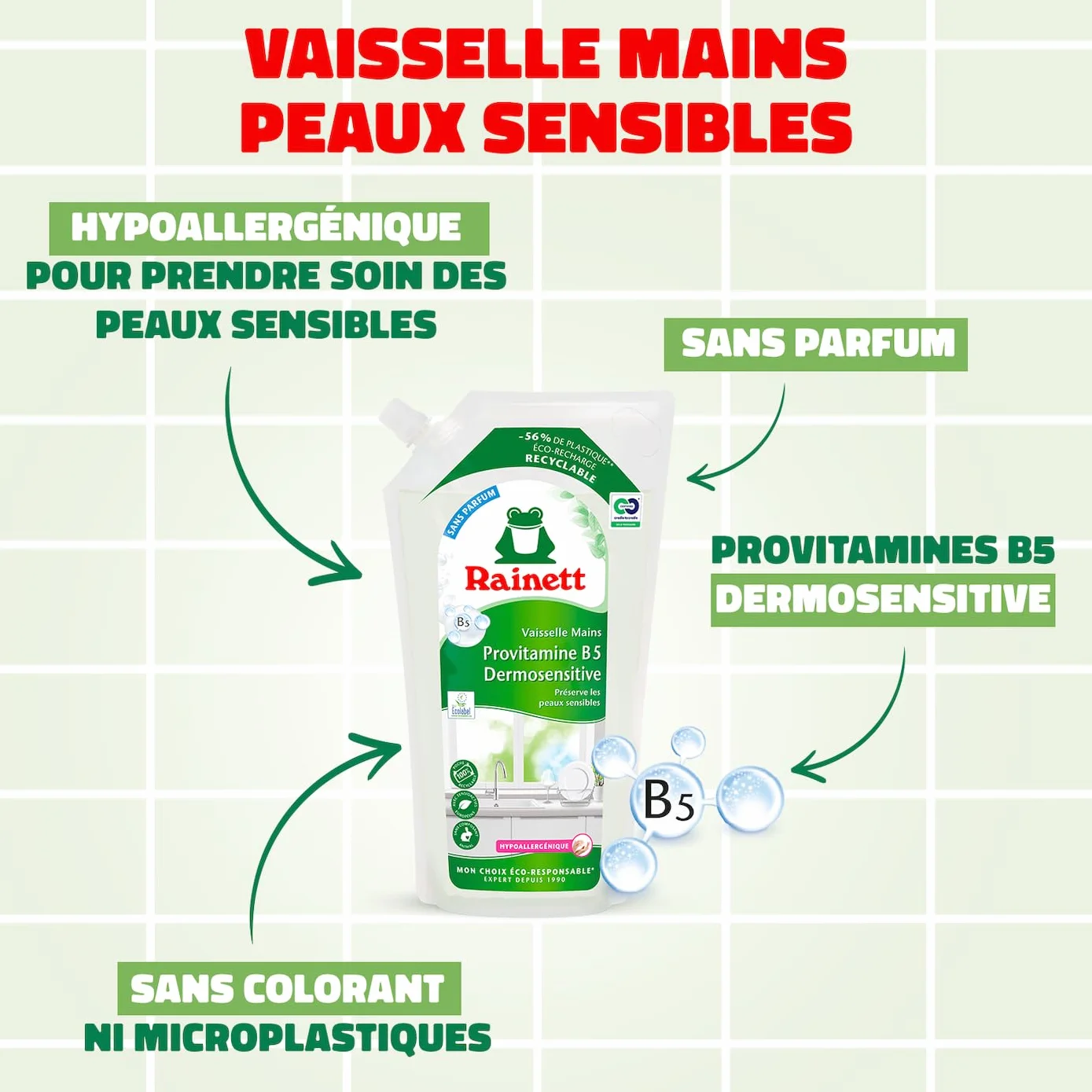 RAINETT - Liquide Vaisselle Mains Dermosensitive - Éco-Recharge 1 L - Formule Hypoallergénique - pH Neutre - Préserve les Peaux Sensibles - Poche 100% Recyclable - Ecolabel - Éco-Recharge 1 L
