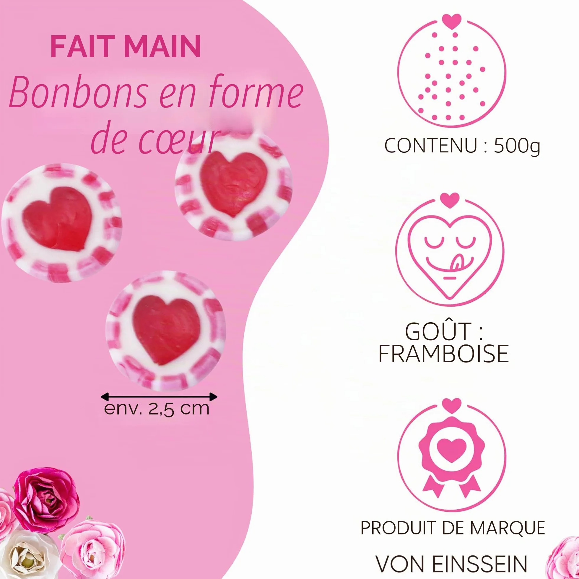EinsSein Dragées Cœur Mariage Rose Rouge Blanc 500g | 130 Bonbons Cœur Décoration Table | Cadeaux d’Accueil pour Mariage Baptême Anniversaire Communion