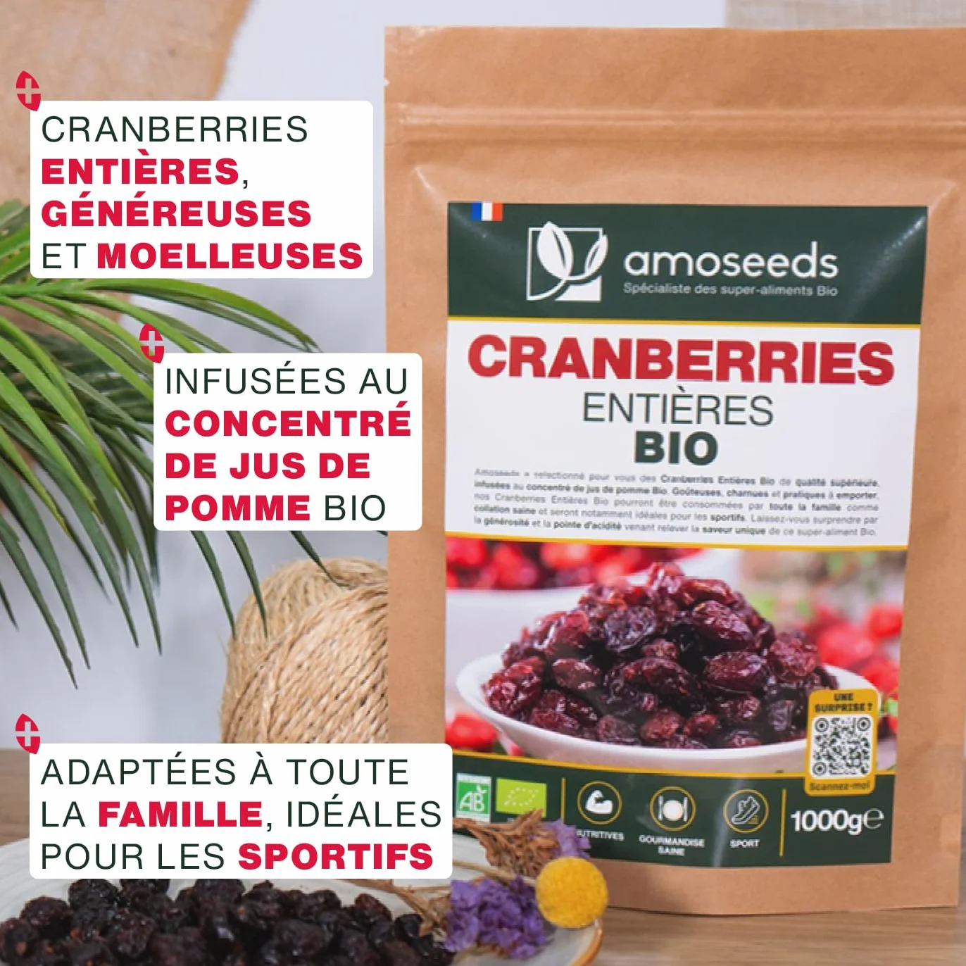 Cranberries Entières Bio 1KG | Sans sucre ajouté, naturellement sucrées au jus de pomme | Qualité Supérieure