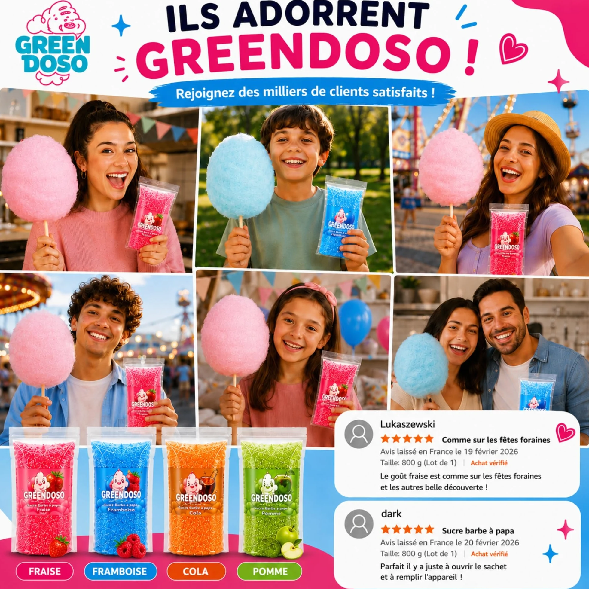 GREENDOSO® Sucre Barbe à Papa pour Machine (4x320 gr) – Lot de 4 Goûts (Fraise/Cola/Framboise/Pomme) – 50 Bâtonnets