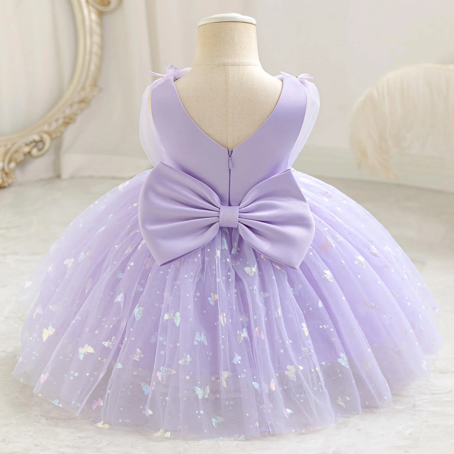IDOPIP Bébé Fille sans Manches V-Neck Tulle Tutu Robe Princesse Fleur Anniversaire Célébration Robe De Bal