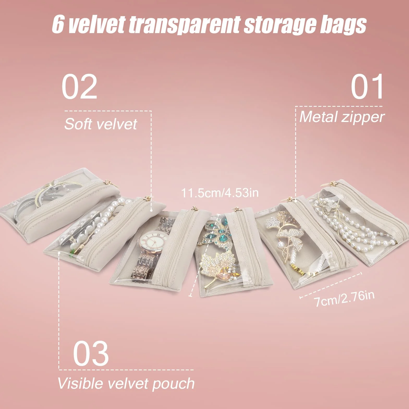 DesignSter Petite boîte à bijoux de voyage en cuir grain litchi 6 poches transparentes en velours rose