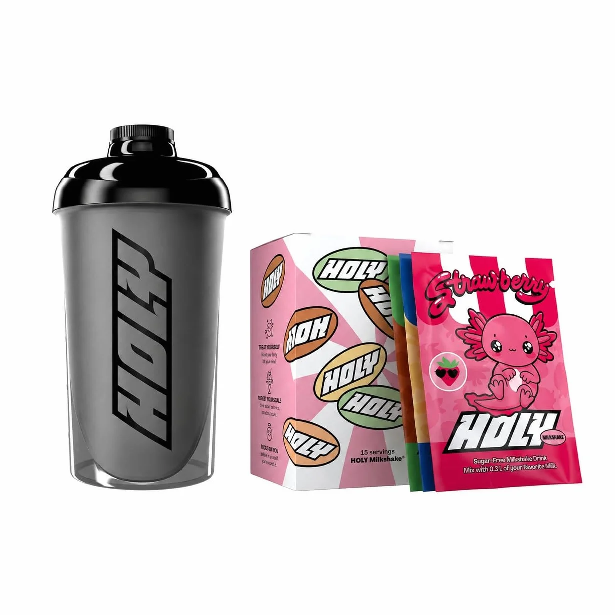 Kit de démarrage HOLY Milkshake - 3x5 variétés - avec vitamines B, C et D et arômes 100% naturels - sans sucre, sans caféine et végétalien - poudre pour milkshake hypocalorique, shaker inclus