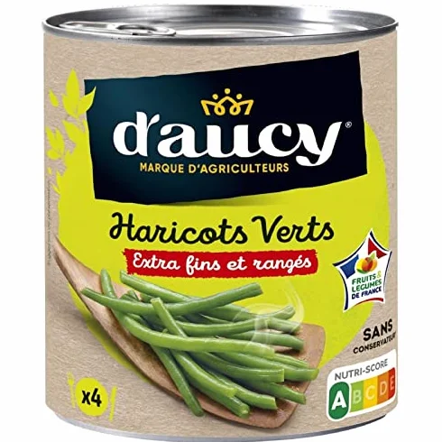 D'AUCY - Haricots Verts Extra Fins Rangés - 440g - Récoltés à la Main et Cuits avec Soin - Une Touche de Fraîcheur dans Vos Plats - Conservation - Lot De 4 - Vendu Par Lot