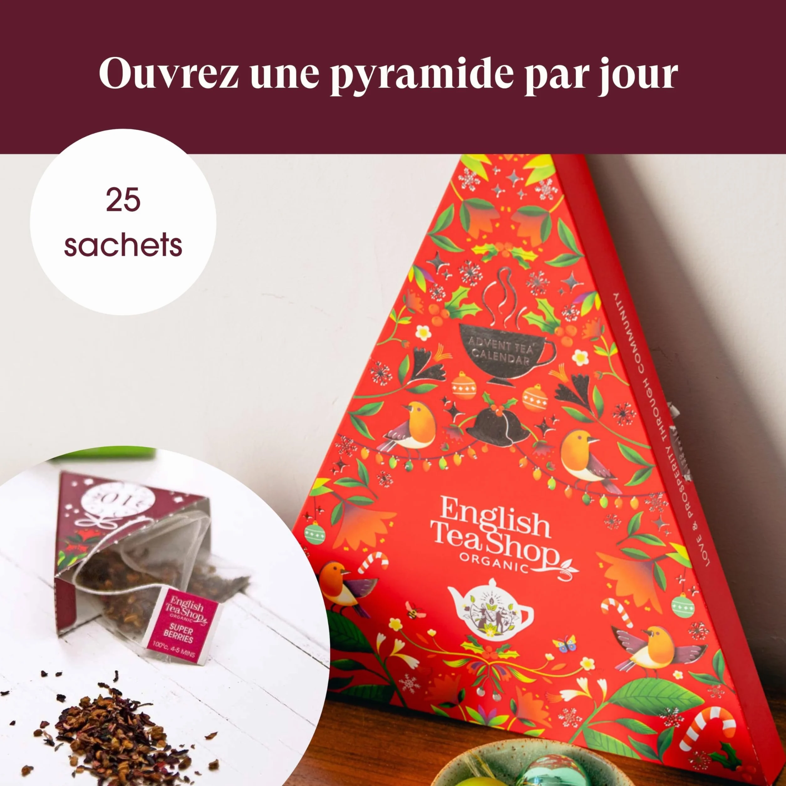 English Tea Shop - Calendrier de l'Avent Thés & Infusions bio Triangle rouge - 25 sachets de thé et infusions à déguster avant Noël - Idée cadeau Noël femme ou homme