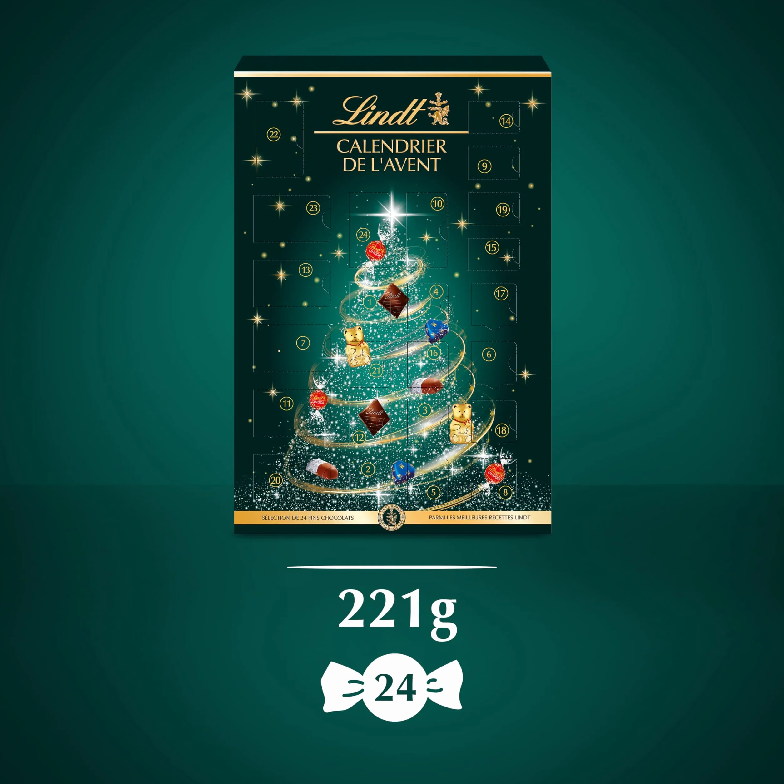 Lindt - Calendrier de l'Avent - Assortiment de Chocolats au Lait, Noirs et Blancs - Idéal pour Noël, 221g