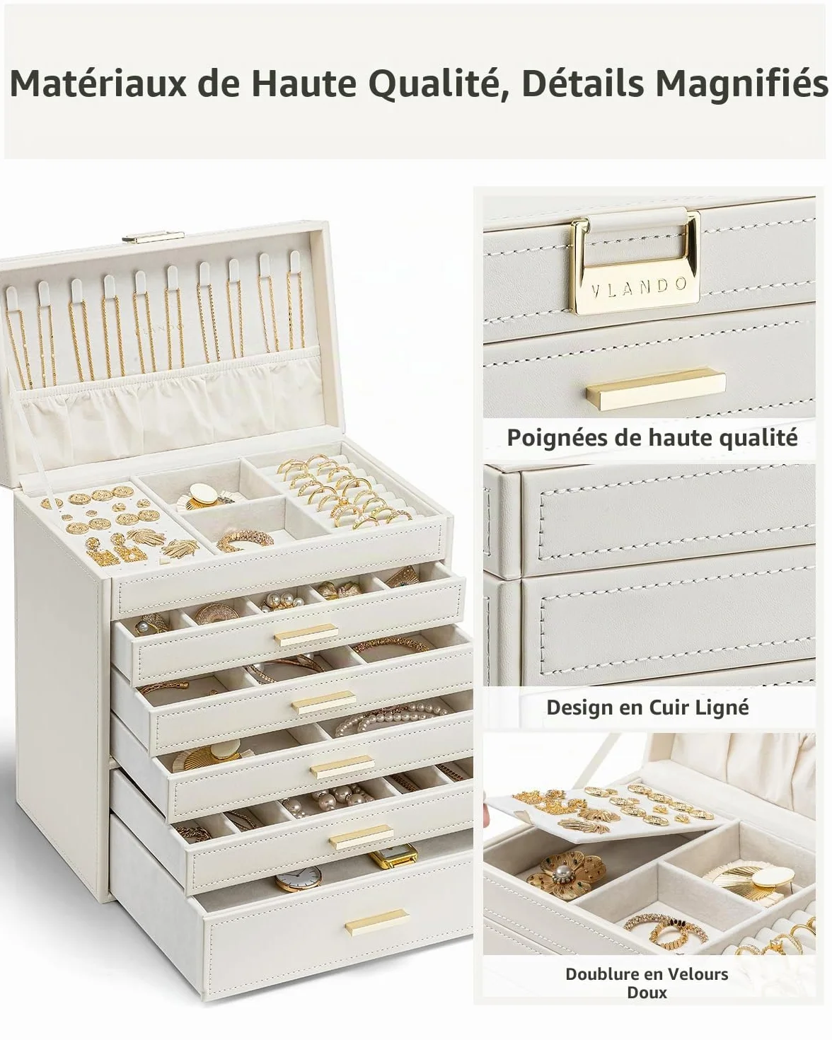 Vlando Boîte à bijoux moderne grande 6 niveaux avec tiroirs miroir coussinet pour montre
