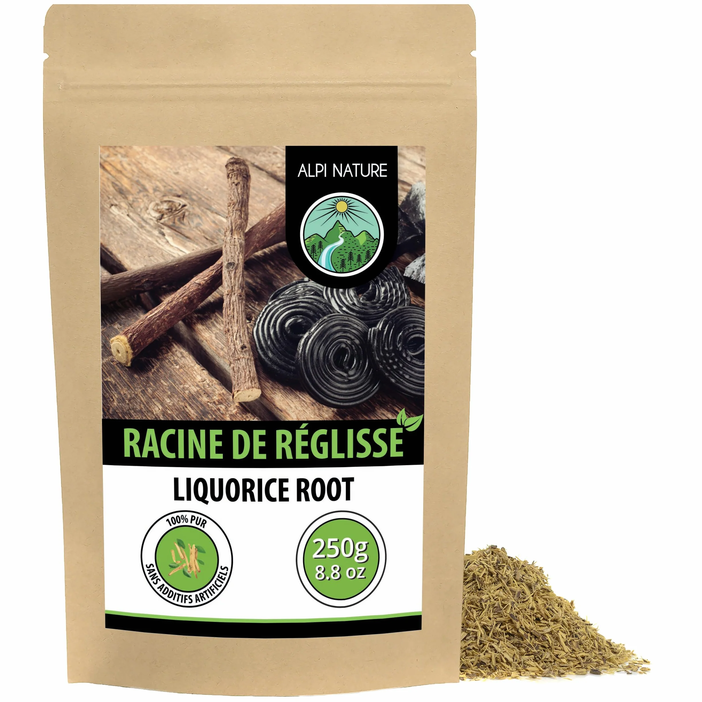 Alpi Nature Racine de Réglisse Tisane 250g, Racine de Reglisse Séchée et Coupée, Thé en Vrac