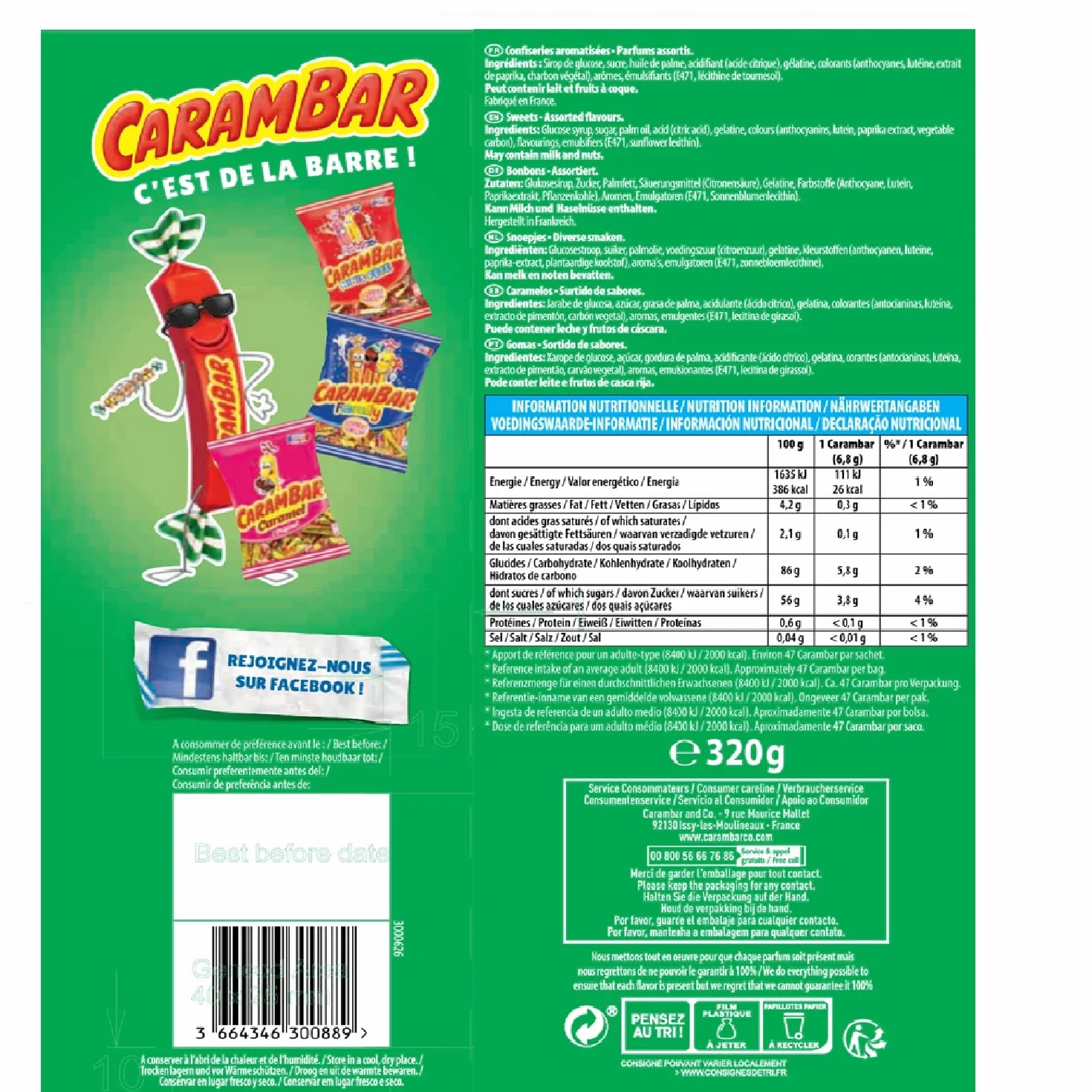 Carambar Bonbons Fruits, Parfums Orange, Fraise, Citron et Framboise, 320g